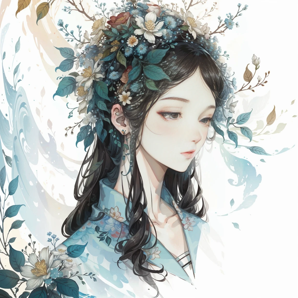James Jane(James Jean)A painting,Flowers and leaves are worn on the head