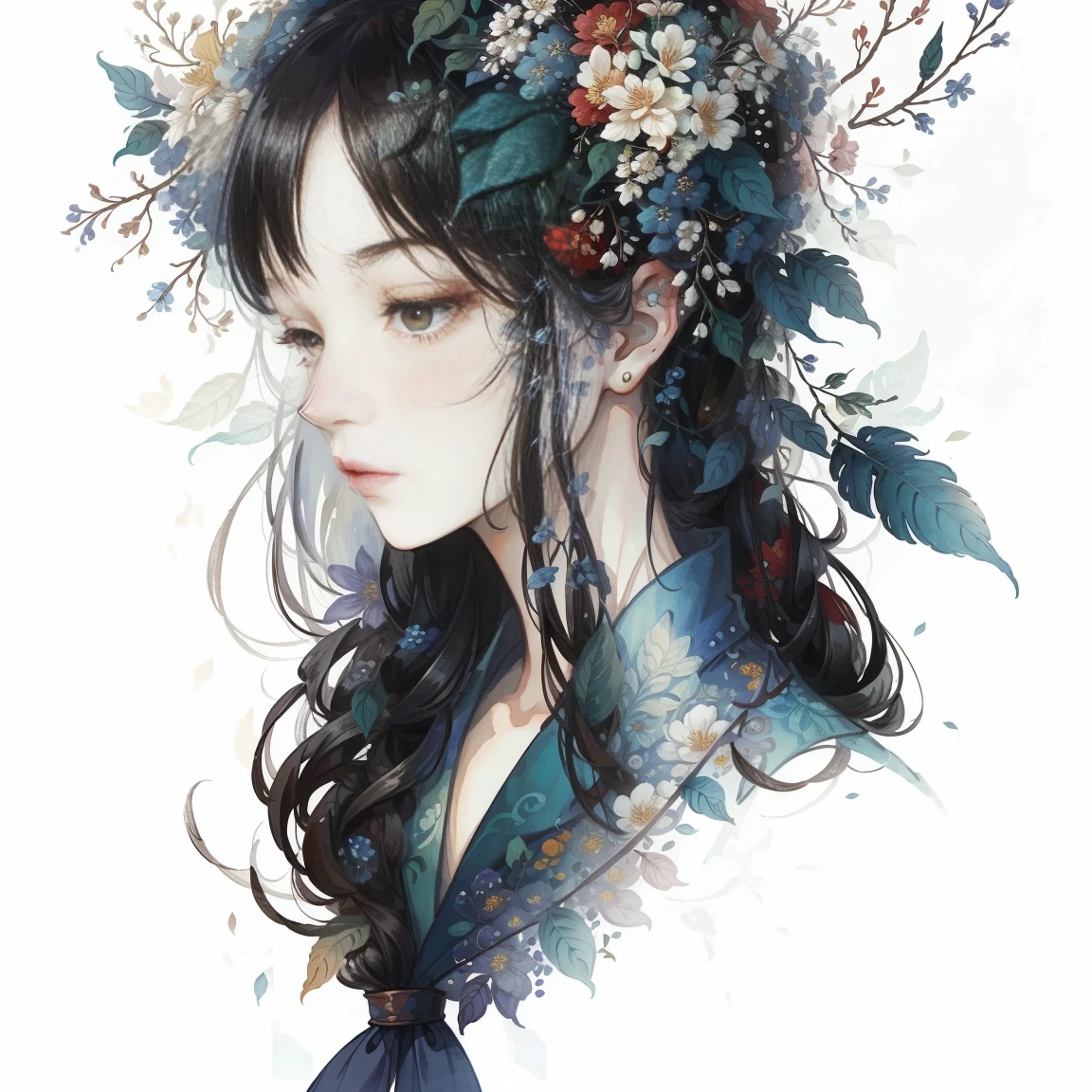 James Jane(James Jean)A painting,Flowers and leaves are worn on the head