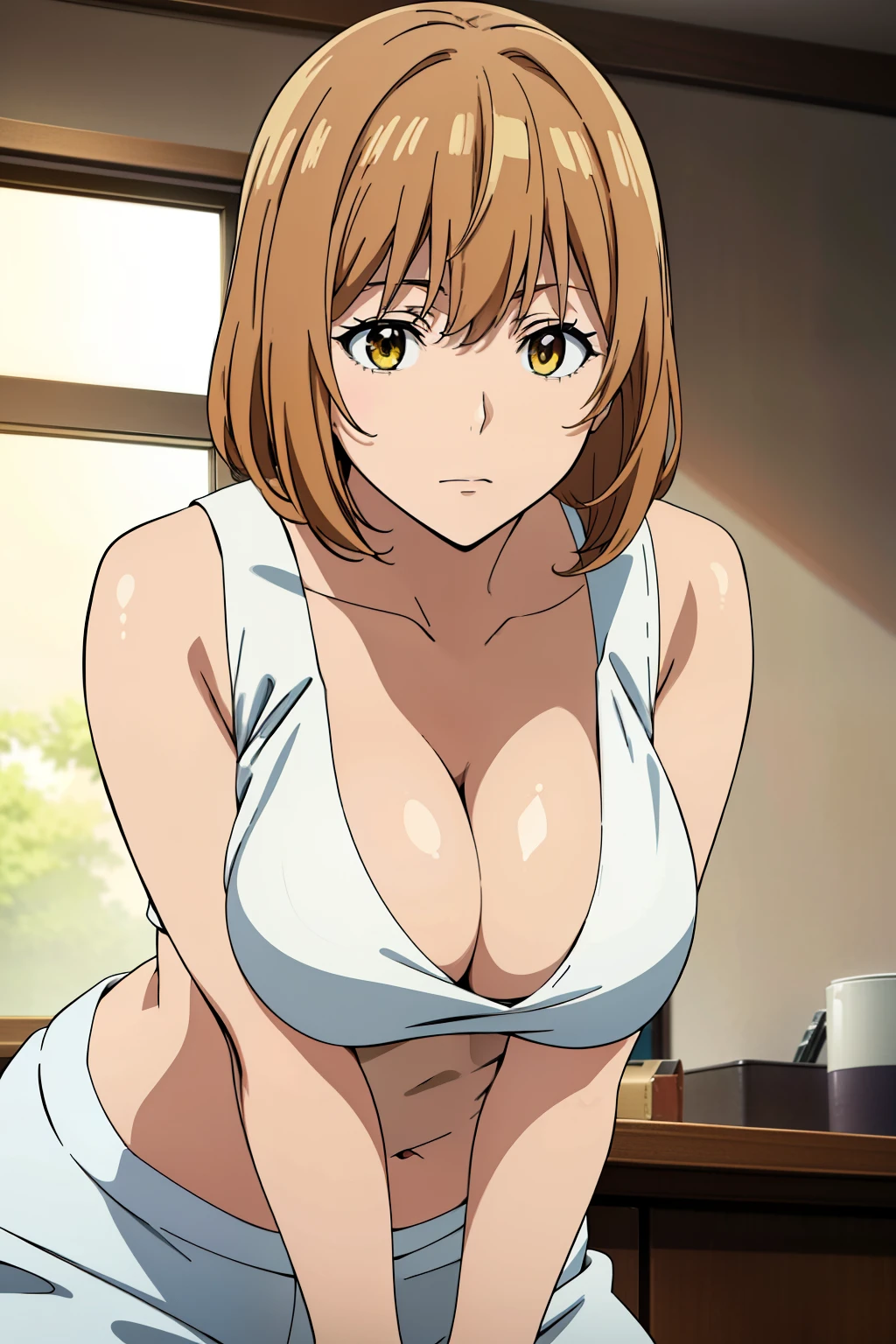 (Best Quality, masutepiece, High resolution, anime screen cap, anime colours), Brown hair, Yellow eyes, Yuriko Aoki, Embarrassed look:1.3, (large full breasts:1.5), cleavage, (Thin fabric, White tank top:1.8, no-bra:1.5), Wide open chest, Slimed, Lower your arms, squeezing breasts:1.5, Leaning forward, Upper body, Bedrooms, (Perfect Anatomy, perfect detailed body, Eyes and hair in beautiful detail, Beautiful breasts and skin),