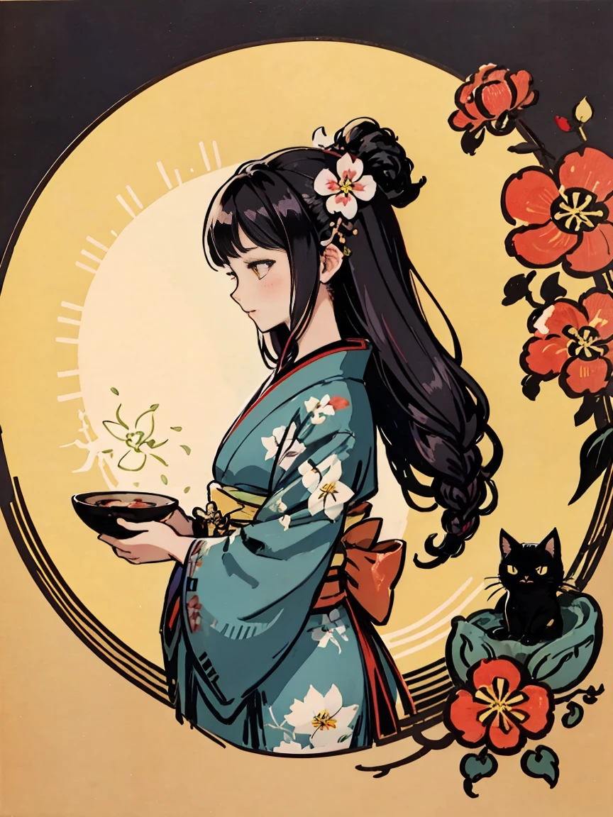 Propose a very attractive design、1 person and 1 cat、Masterpiece、Katsushika Hokusai-kaze、Natural color design、Morning glory flowers、Bold and beautiful floral design、Summer image、japanic style、Detailed diagram of the pattern、With the highest quality、Masterpiece High Resolution、ukiyoe style、Artistic style、Postcard Design、Balanced design、Composition that fits well、Emo art、Ukiyo-e style、japanese aesthetic、4K resolution、Gorgeous background art、Attributes of a person(profile、Seen from the side、Elegant smile、top grade、neuter、Honor Students、A dark-haired、Lustrous hair、unclear、Poor、slender、Virtuous、well-behaved、Good impression)、Cat attributes(black cat、Pitch black cat、cute little、Ultra Cute、Yellow eyes、lithe)