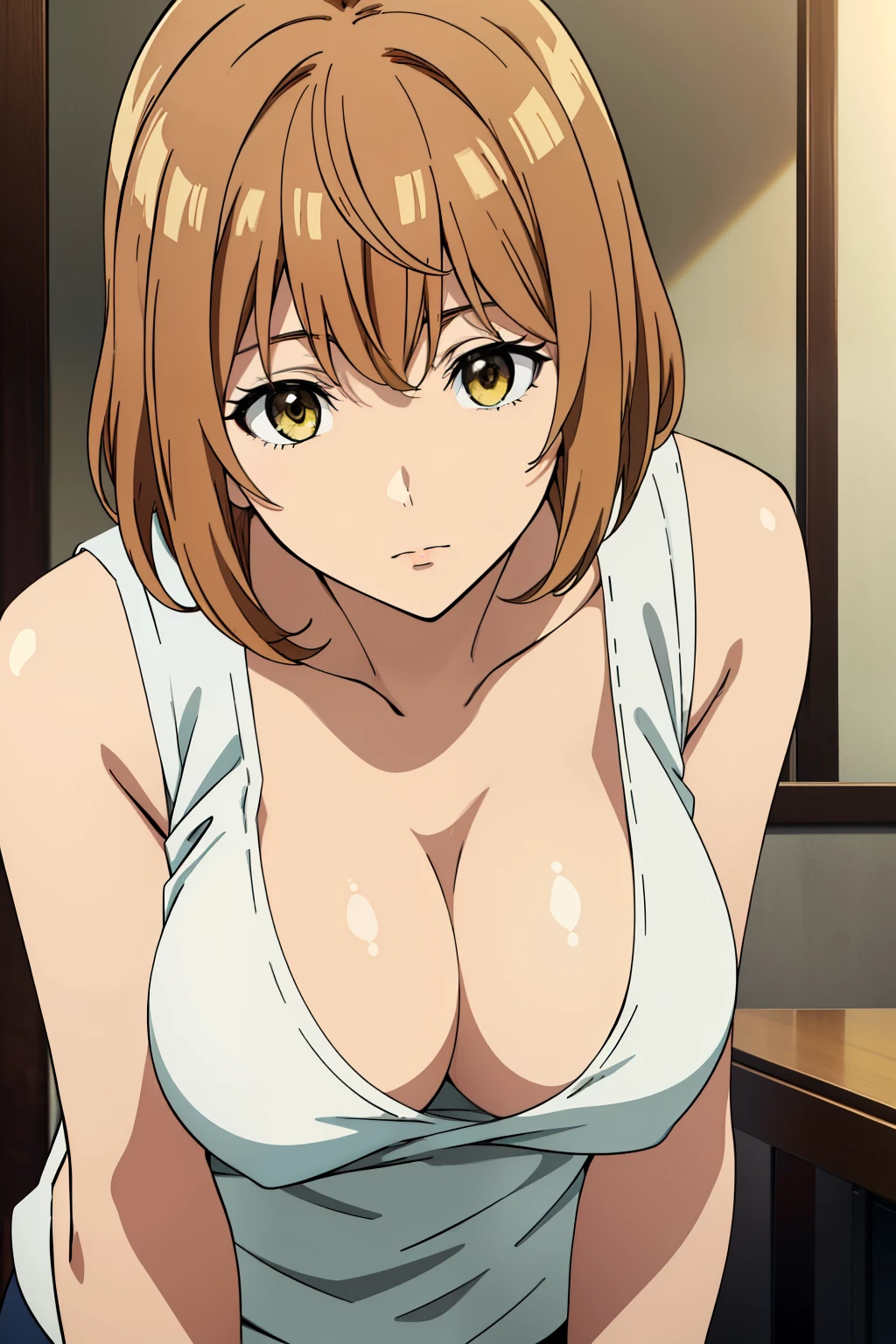 (Best Quality, masutepiece, High resolution, anime screen cap, anime colours), Brown hair, Yellow eyes, Yuriko Aoki, Embarrassed look:1.3, (large full breasts:1.5), cleavage, (Thin fabric, White tank top:1.8, no-bra:1.5), Wide open chest, Slimed, Lower your arms, squeezing breasts:1.5, Leaning forward, Upper body, Bedrooms, (Perfect Anatomy, perfect detailed body, Eyes and hair in beautiful detail, Beautiful breasts and skin),