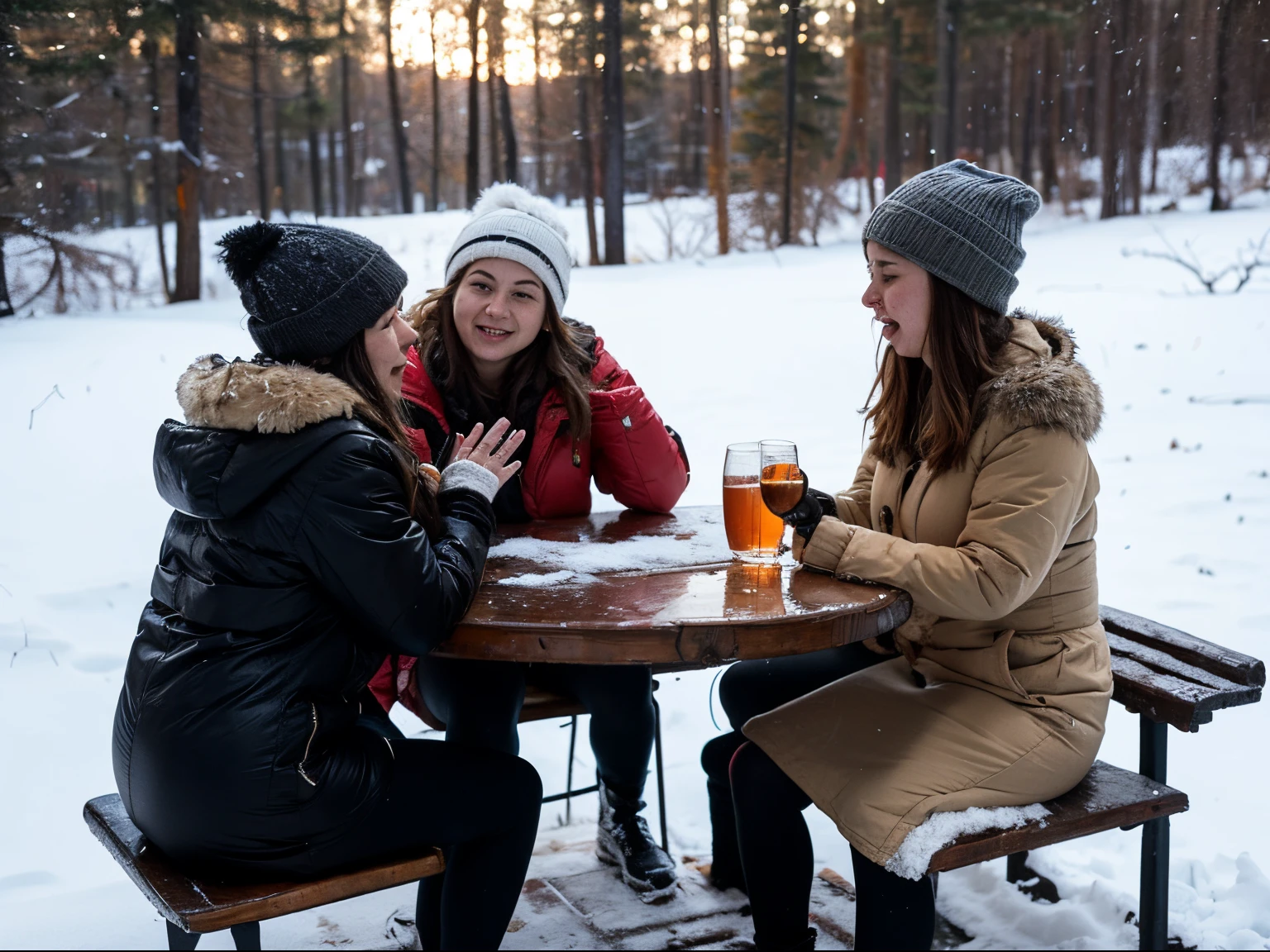 Several very drunk Russian chicks pester each other, climb to kiss, touch their breasts with their hands and between their legs under clothes and through clothes on a dirty bench in the forest in winter, drink alcohol until they look rheumatic and get excited