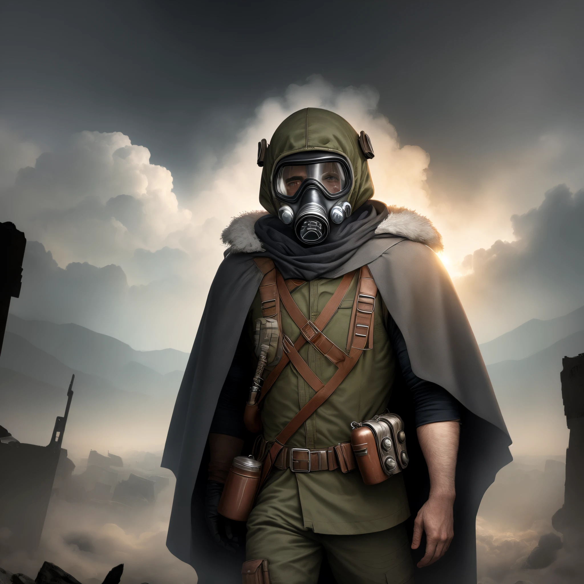 Arafed soldier in gas mask and cape standing in front of a city - SeaArt AI