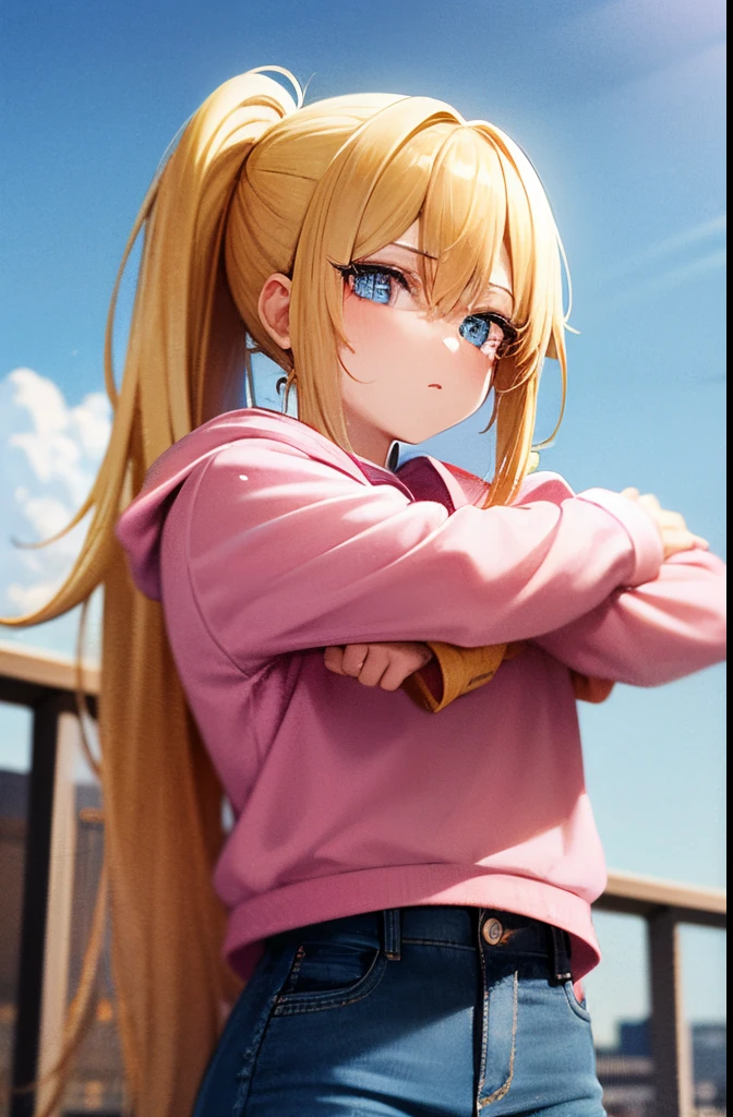 1 girl, long yellow blonde hair tied in a ponytail using pink band, sky blue eyes, wearing pink hoodie, denim pants, city, masterpiece, looking at viewer