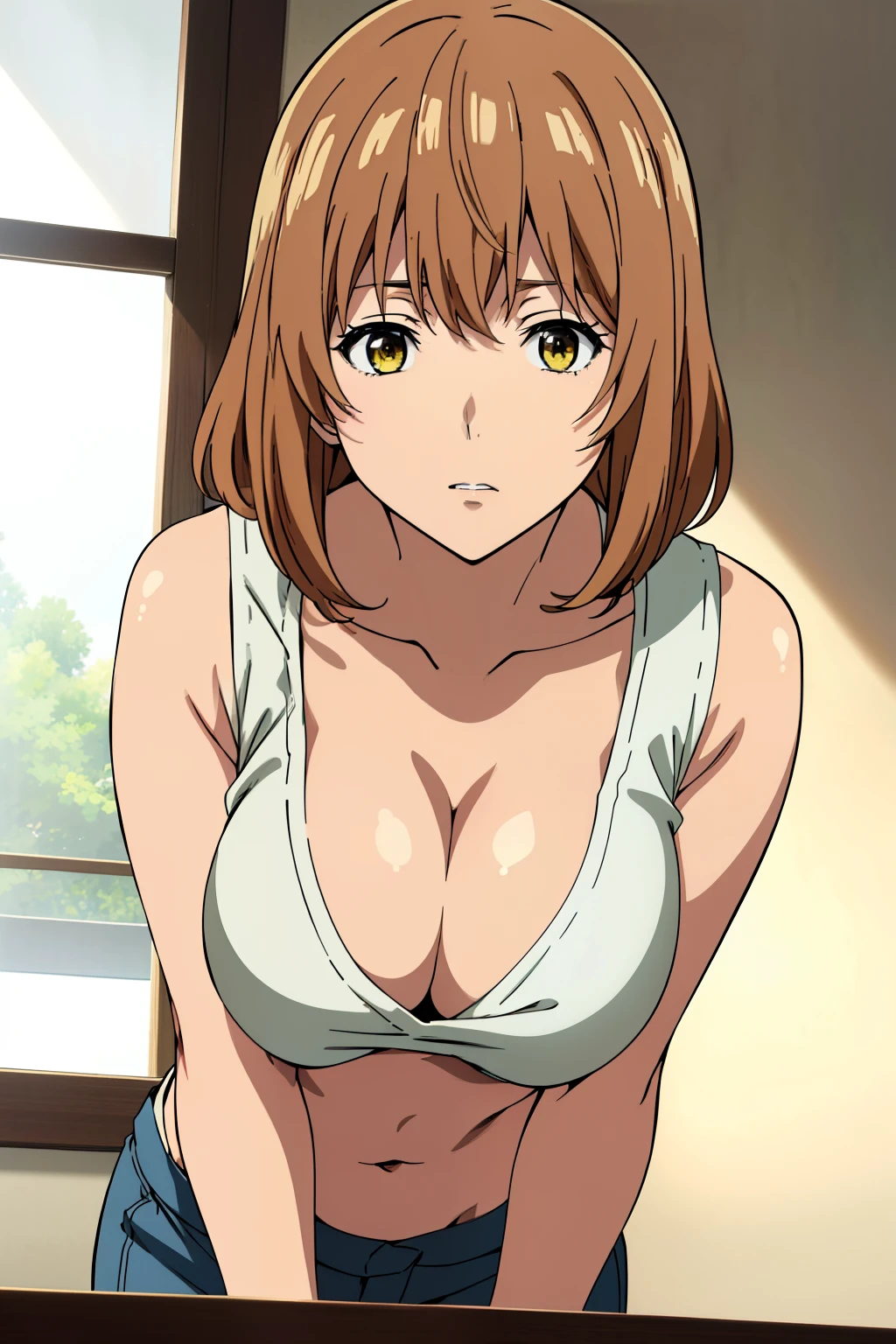 (Best Quality, masutepiece, High resolution, anime screen cap, anime colours), Brown hair, Yellow eyes, Yuriko Aoki, Embarrassed look:1.3, (large full breasts:1.5), cleavage, (Thin fabric, White tank top:1.8, no-bra:1.5), Wide open chest, Slimed, Lower your arms, squeezing breasts:1.5, Leaning forward, Upper body, Bedrooms, (Perfect Anatomy, perfect detailed body, Eyes and hair in beautiful detail, Beautiful breasts and skin),