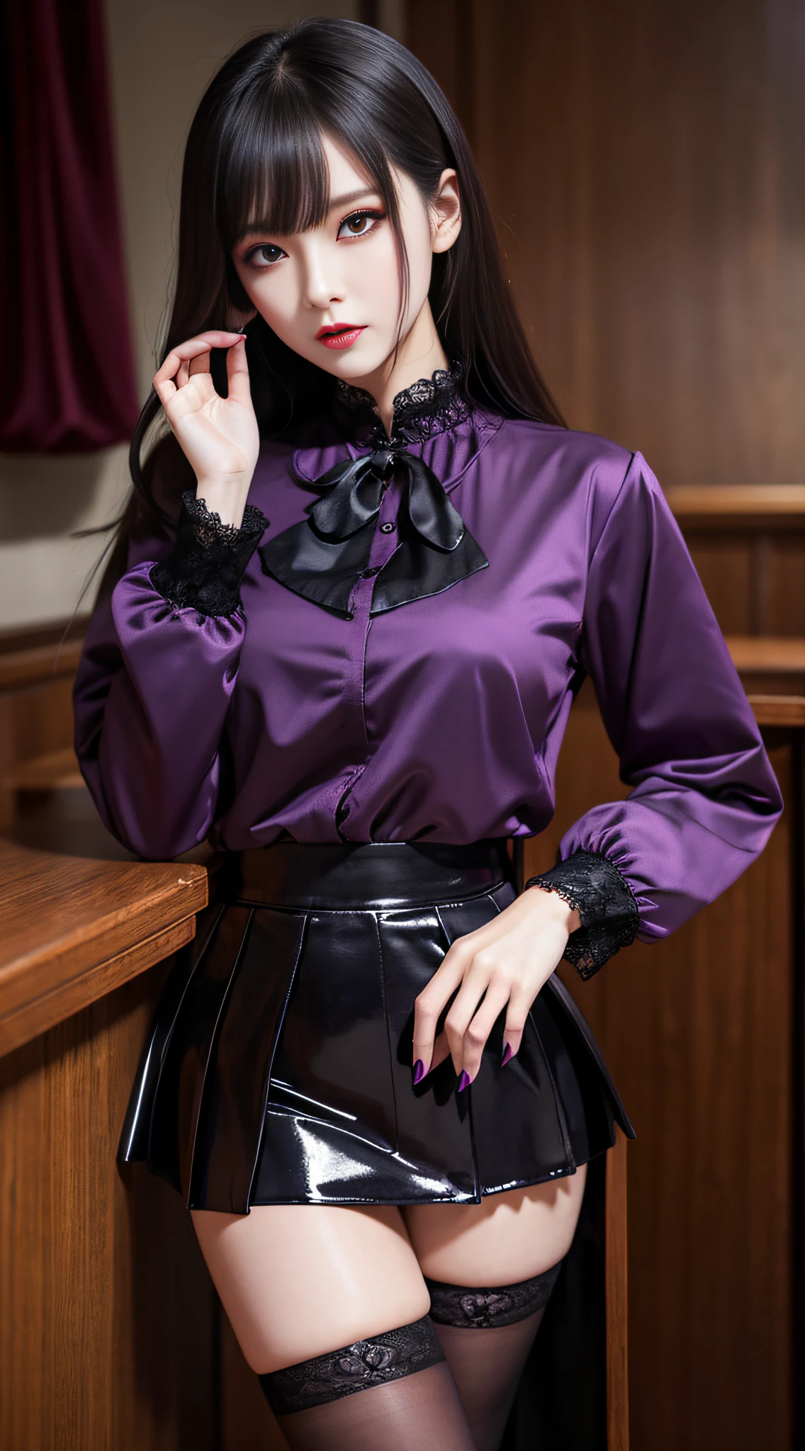 Fascinating beauty、校服、Blouse、jaket、tight skirts、Evil Female Executive、Evil Fall、Dark、brainwash、panthyhose、lacy fabric、Glossy legs、Gloss々Legs、Long Eyeshadow、Purple eyes、Evil look、Suspicious look、Hollow eyes、darkened room、Night、wicked、seductiv