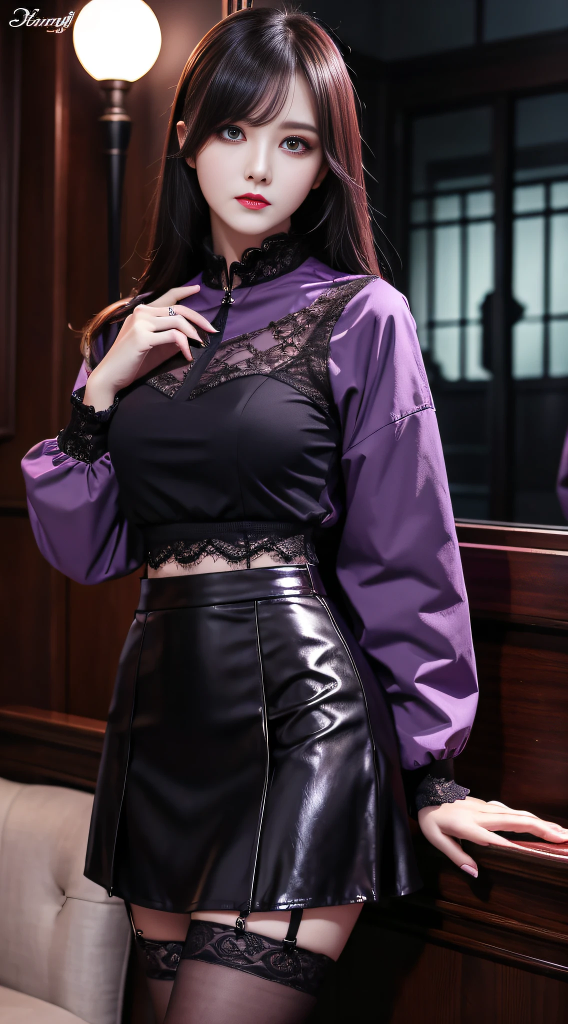 (masterpiece), 1 girl, 最high quality, perfection face, erotic expression, beautiful 19 year old teen, ((purple eyes)), ((Big eyes)), lady, (dark makeup),((Scanty clothes)) ((wavy hair)) ((long hair)), (skirt), Slender and toned body, hot, ((long sleeve)), ((Hooded sweater)) black stockings, Fishnet tights, (perfection breasts 0.8), high quality,最high quality, 8K_wallpaper,very fine eyes,highly detailed body,highly detailed fingers, (large masterpiece digital art), (detailed manga figure), (detailed line drawing), ((perfection)) anatomy, best hand)), (intricate details:1.3), (super detailed:1.3), (figure:1.3), (sharp focus:1.3), (Natural light:1.05), (Bright colors:1.3), fantasy dungeon environment,