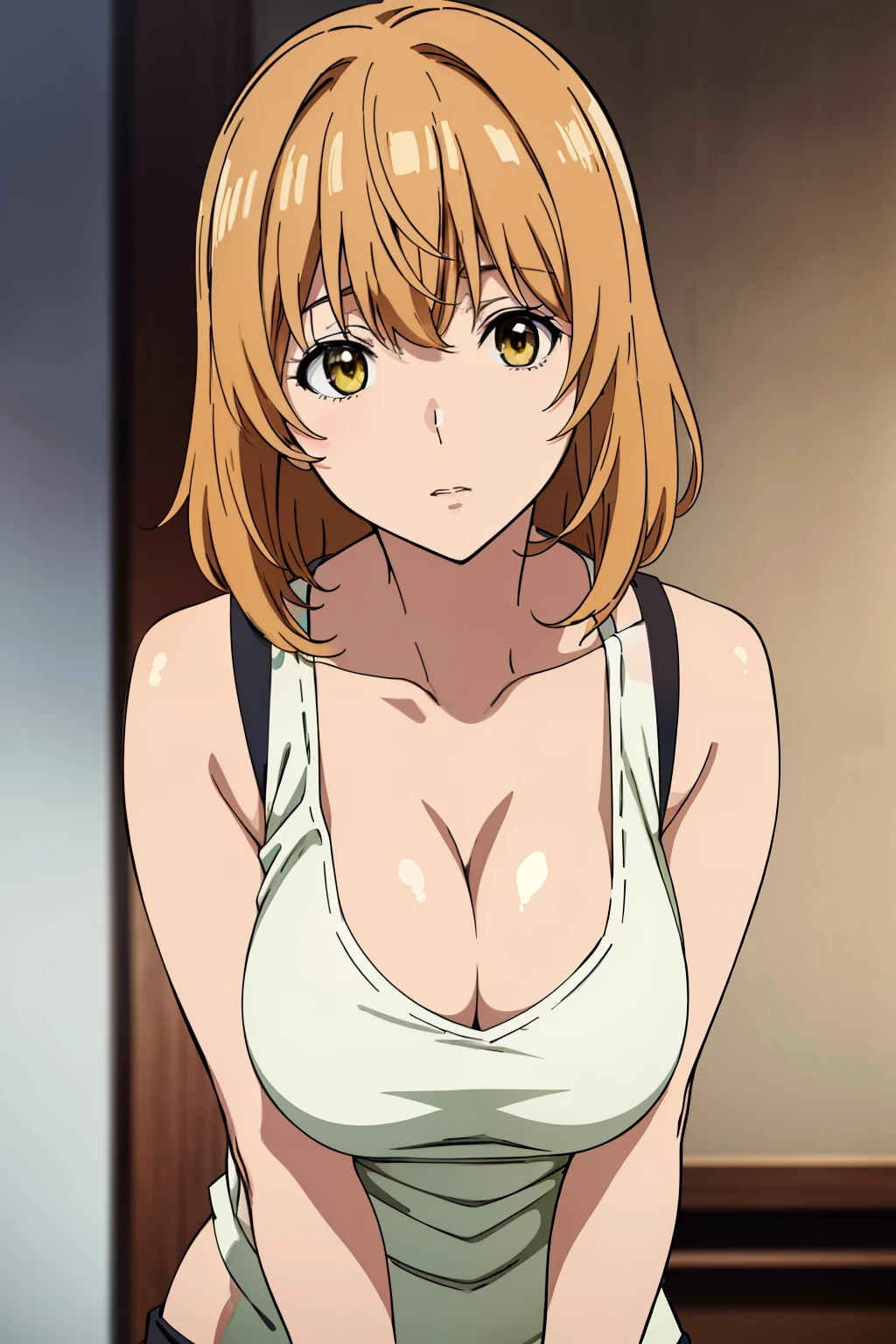 (Best Quality, masutepiece, High resolution, anime screen cap, anime colours), Brown hair, Yellow eyes, Yuriko Aoki, Embarrassed look:1.3, (large breasts with drooping:1.8), cleavage, (Thin fabric, White tank top:1.8, no-bra:1.5), Wide open chest, Slimed, Lower your arms, squeezing breasts:1.5, Leaning forward, Upper body, Bedrooms, (Perfect Anatomy, perfect detailed body, Eyes and hair in beautiful detail, Beautiful breasts and skin),