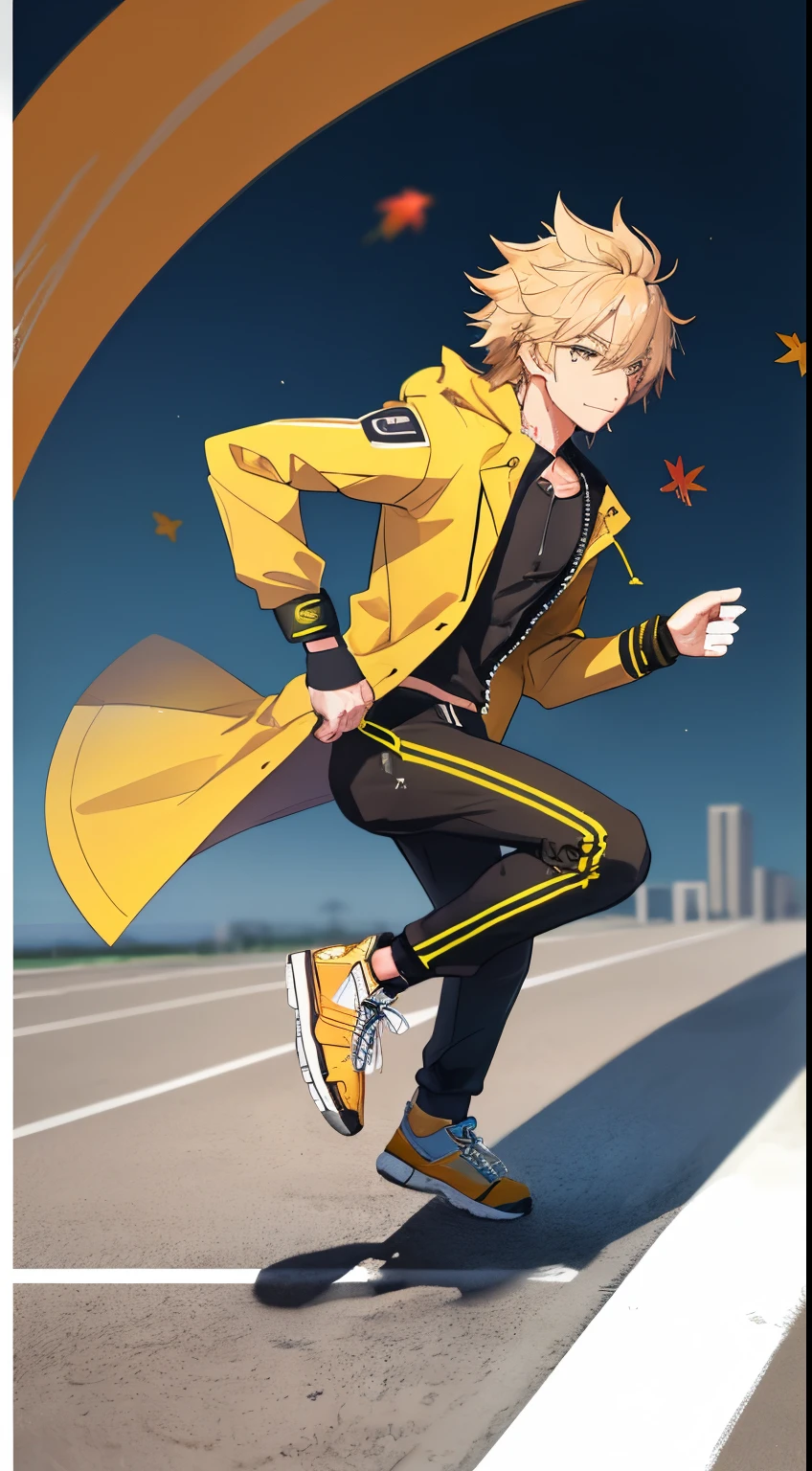a man running left to right, male character, running pose, dynamic active running pose, running freely, blonde hair, messy hair, black joggers, unzipped yellow coat, windy, autumn, sideview, realistic, best quality, detailed, no background, no blur, view from the side, full body shot, sharp, focused, coat blowing in the breeze, realistic, detailed hands, detailed face, wet clothes, right leg in front, left leg in back