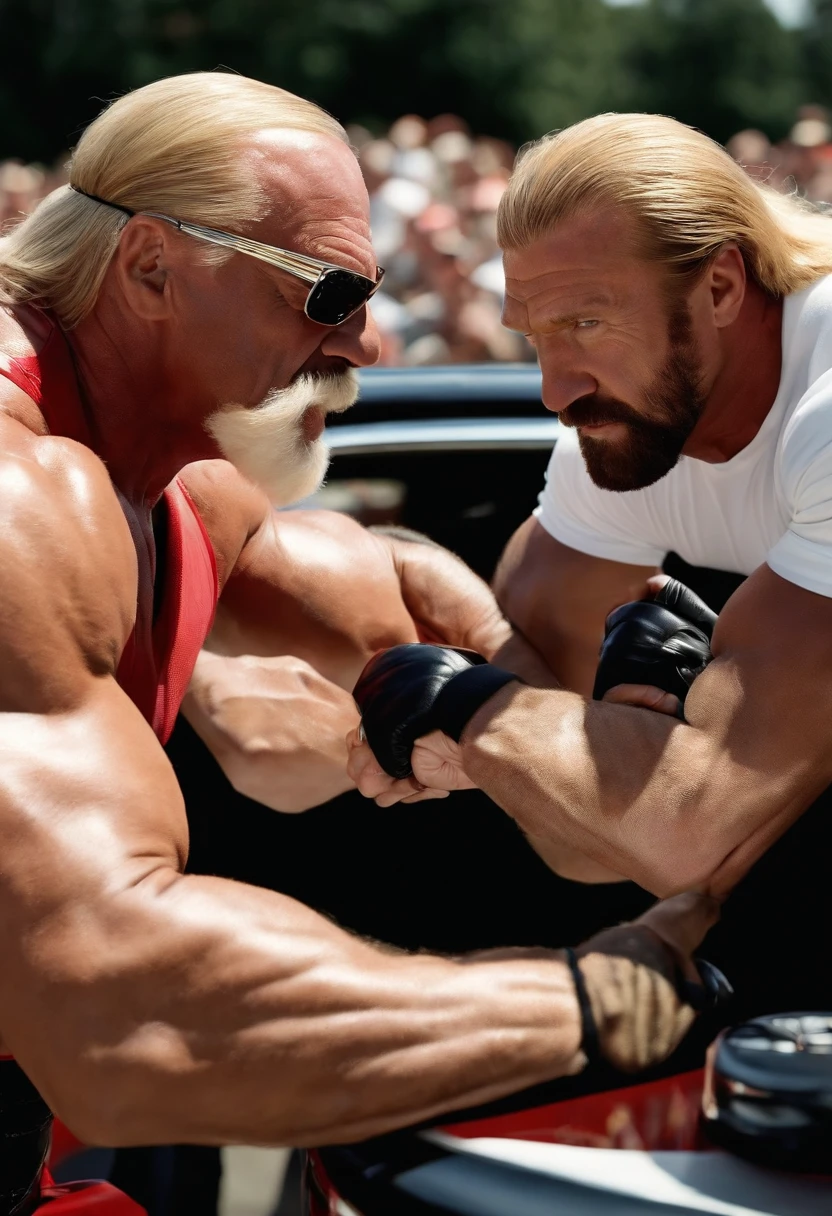 A shot of Hulk Hogan arm wrestling with Triple H at a vintage car show,WWE Wrestling,Hulk Hogan, male