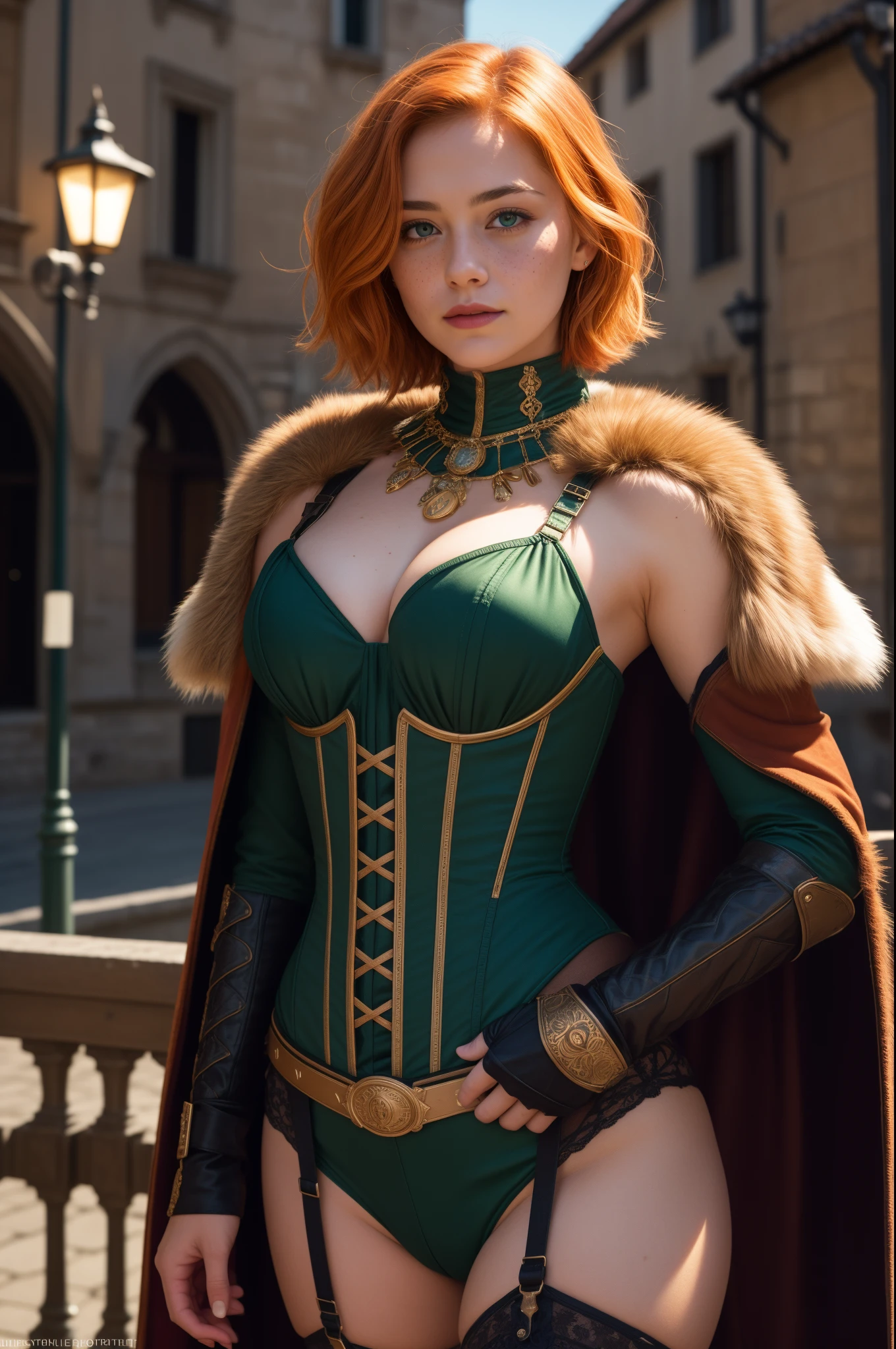 A beautiful 30 year old woman, (Brie Larson:Florence Pugh:0.5), 1girl, close-up, high detail face, sexy armor, head and neck jewelry, ((short hair)), long fur cape, wolf fur, corset, medieval city  background, green eyes, orange hair, shy smile, freckles, redhead, beautiful girl, large breasts, thigh high boots, garter belt,detailed, 8k, HDR, shallow depth of field, wide light, high contrast, backlight, light flares, chromatic aberration, sharp focus, RAW color photo, looking at the camera, various poses