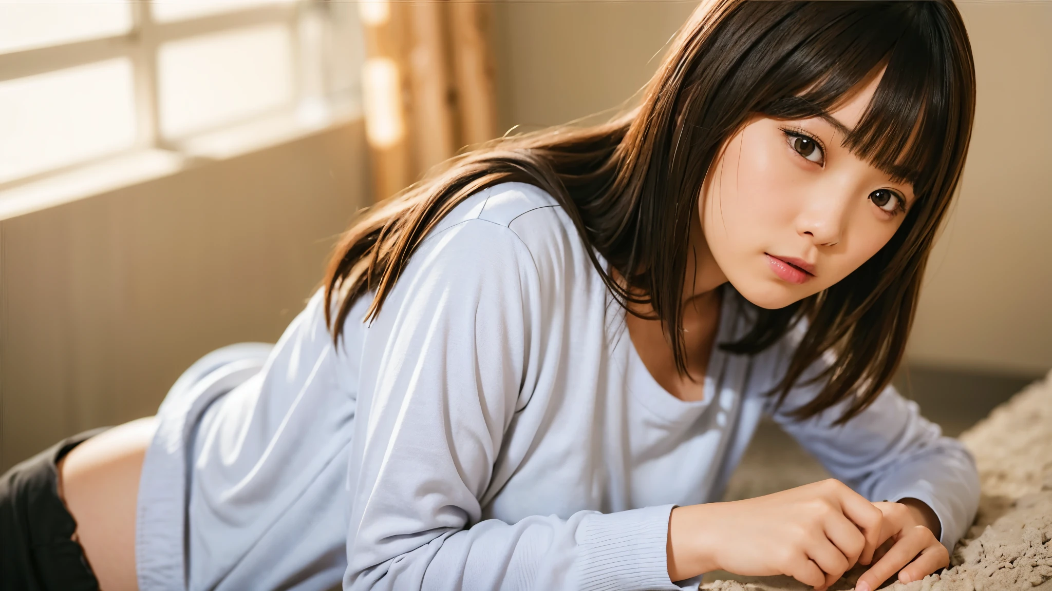 (top-quality、16K resolution)女の子1人、独奏、natural soft light、small tits、A Japanese Lady、Looking at the camera、Long sleeve white T-shirt、Concrete background、Facing the front、is standing、bobhair、Woman in her late teens、Light bangs、short-hair、Salon model、Natural look、portlate、floated hair、Rolled hair
