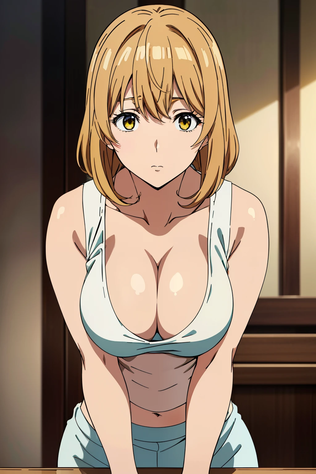 (Best Quality, masutepiece, High resolution, anime screen cap, anime colours), Brown hair, Yellow eyes, Yuriko Aoki, Embarrassed look:1.3, (large breasts with drooping:1.8), cleavage, (Thin fabric, White tank top:1.8, no-bra:1.5), Wide open chest, Slimed, Lower your arms, squeezing breasts:1.5, Leaning forward, Upper body, Bedrooms, (Perfect Anatomy, perfect detailed body, Eyes and hair in beautiful detail, Beautiful breasts and skin),