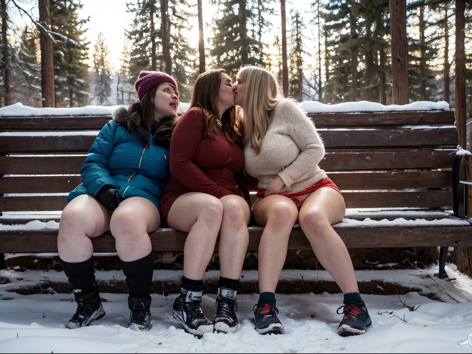 Several very drunk, thick Russian chicks pester each other, climb to kiss, touch their breasts with their hands and between their legs under clothes and through clothes on a dirty bench in the winter in the forest, drink alcohol in a deranged state and get excited