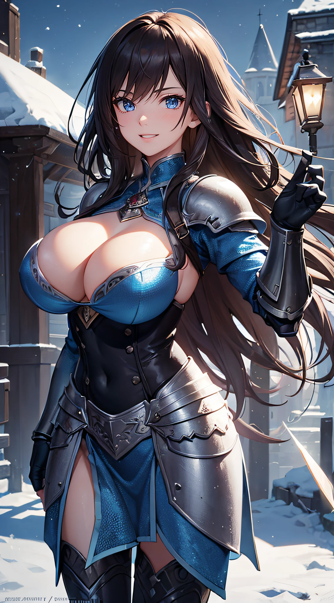 ((Extremely detailed)), 4K, ((cinematic lighting)), (cinematic fighting pose), Close up, fantasy world, medieval, cobblestone city, wooden stone houses, snow, marketplace, market stalls, adult woman, royal guard knight, long brown hair, blue eyes, ((beautiful eyes)), happy look, grin, blue tunic, (shiny armor), steel plate shoulders, steel gauntlets, armor plating, chainmail, very large breasts, (huge boobs), cleavage, holding large sword
