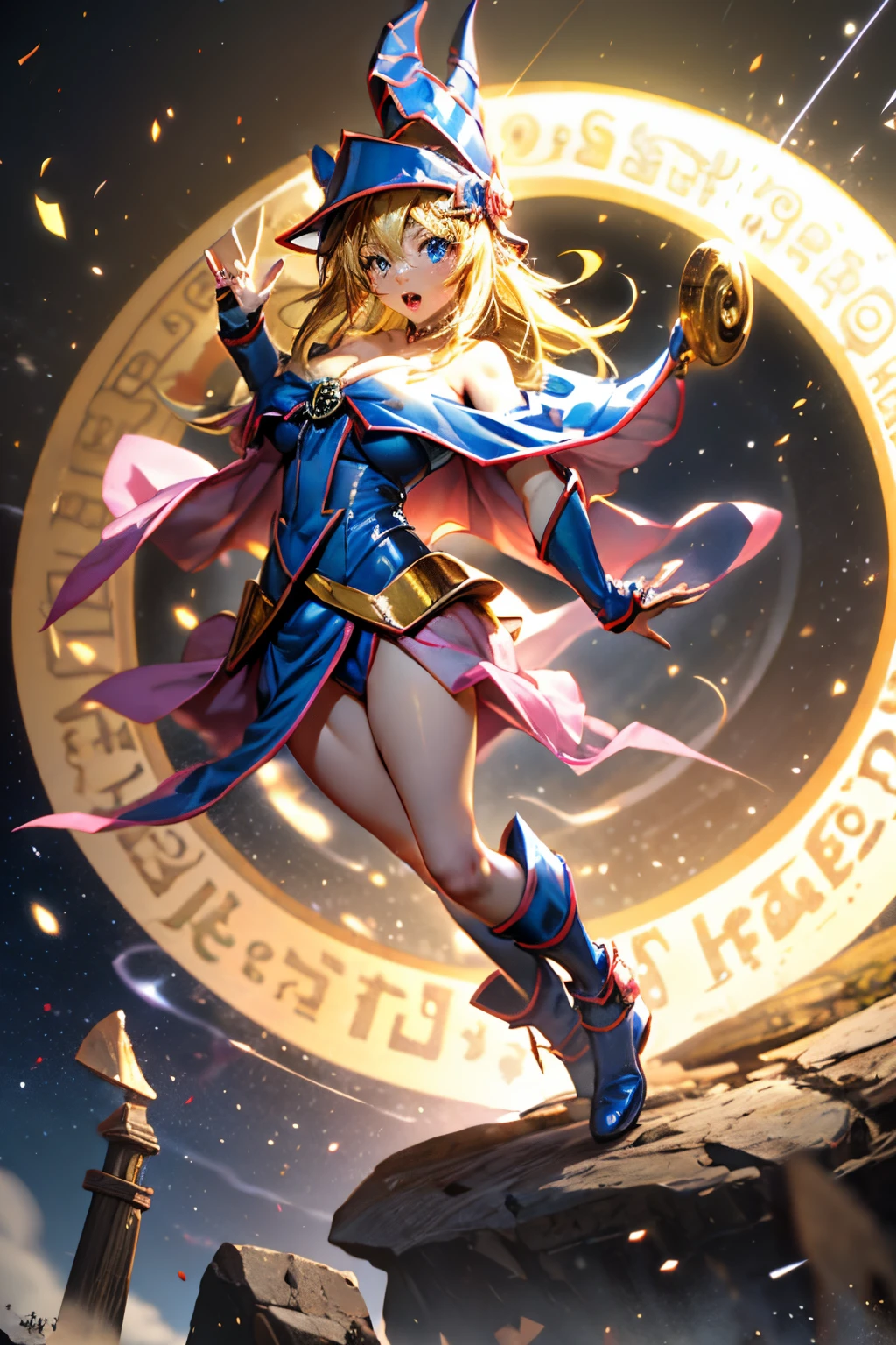 (Obra maestra:1.2), (La mejor calidad:1.2), Perfect lighting, Chica Maga Oscura lanzando un hechizo, flotando en el aire, Levitating over a magic circle , Portal de Circle, tetas grandes, escote abierto, fondo de magia. Pose sejustiva y sexy. Fuegos artificiales de fondo. dragon armaguedon