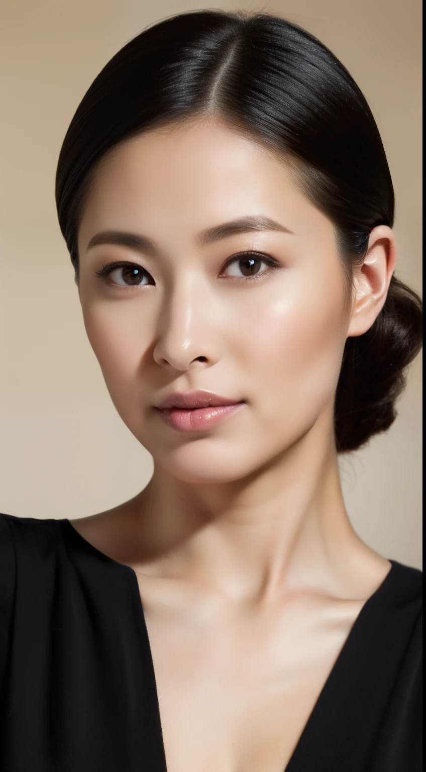 (best quality:1.2, high resolution, masterpiece:1.2), ultra-detailed, realistic:1.37, beautiful detailed eyes, beautiful detailed lips, long eyelashes, flawless skin, smooth pores, panoramic, perfectly sculpted figure, elongate your hips, black stockings, elegant Japanese woman in her thirties, exquisite facial features, clean and charming face, artistic illustration.