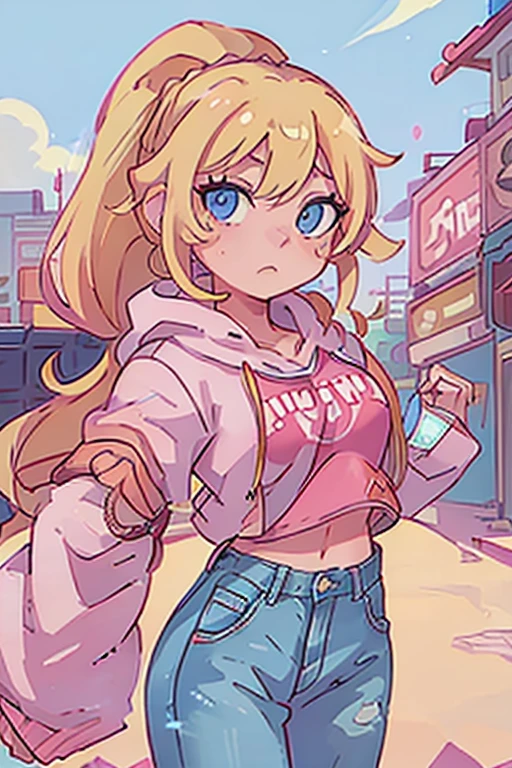 1 girl, long yellow blonde hair tied in a ponytail using pink band, sky blue eyes, wearing pink hoodie, denim pants, city, masterpiece, looking at viewer