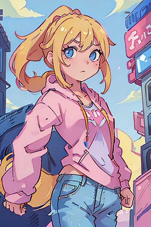 1 girl, long yellow blonde hair tied in a ponytail using pink band, sky blue eyes, wearing pink hoodie, denim pants, city, masterpiece, looking at viewer