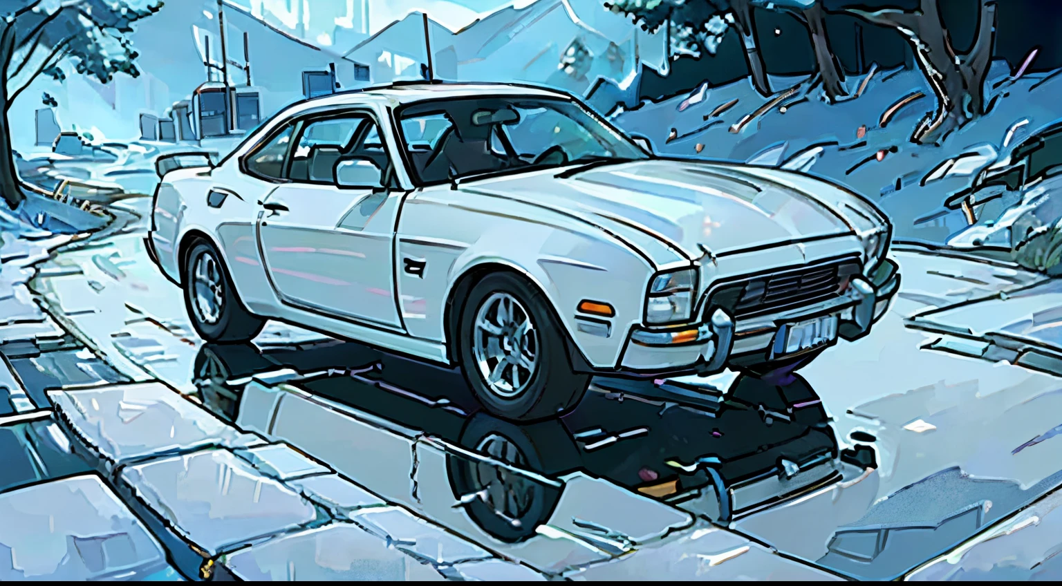 A white car, beautiful scenery outside, detailed reflections on the car's surface, high-quality and detailed painting, vibrant colors, natural lighting