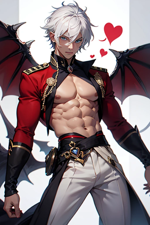 man, heart in pupils, blue eyes, white hair, demon wings, sexy male royal consort outfit, abs