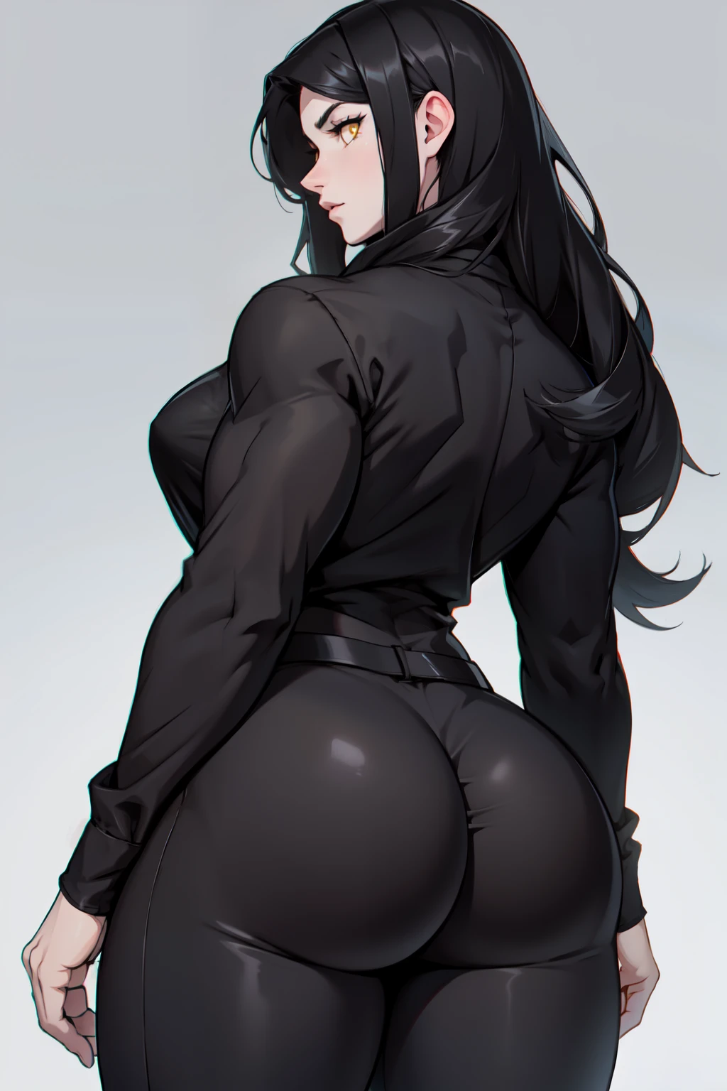 1 girl huge muscles black hair yellow eyes long hair grey background pale skin black leggings (huge ass) long sleeve black shirt