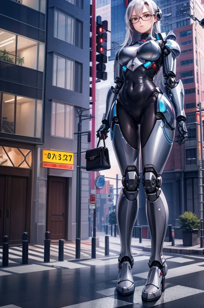 5 8K UHD、Silver metallic body mechanical beauty wearing glasses、Shiny silver robot with hidden skin, full body shot , gts, skyscrapers, giantess