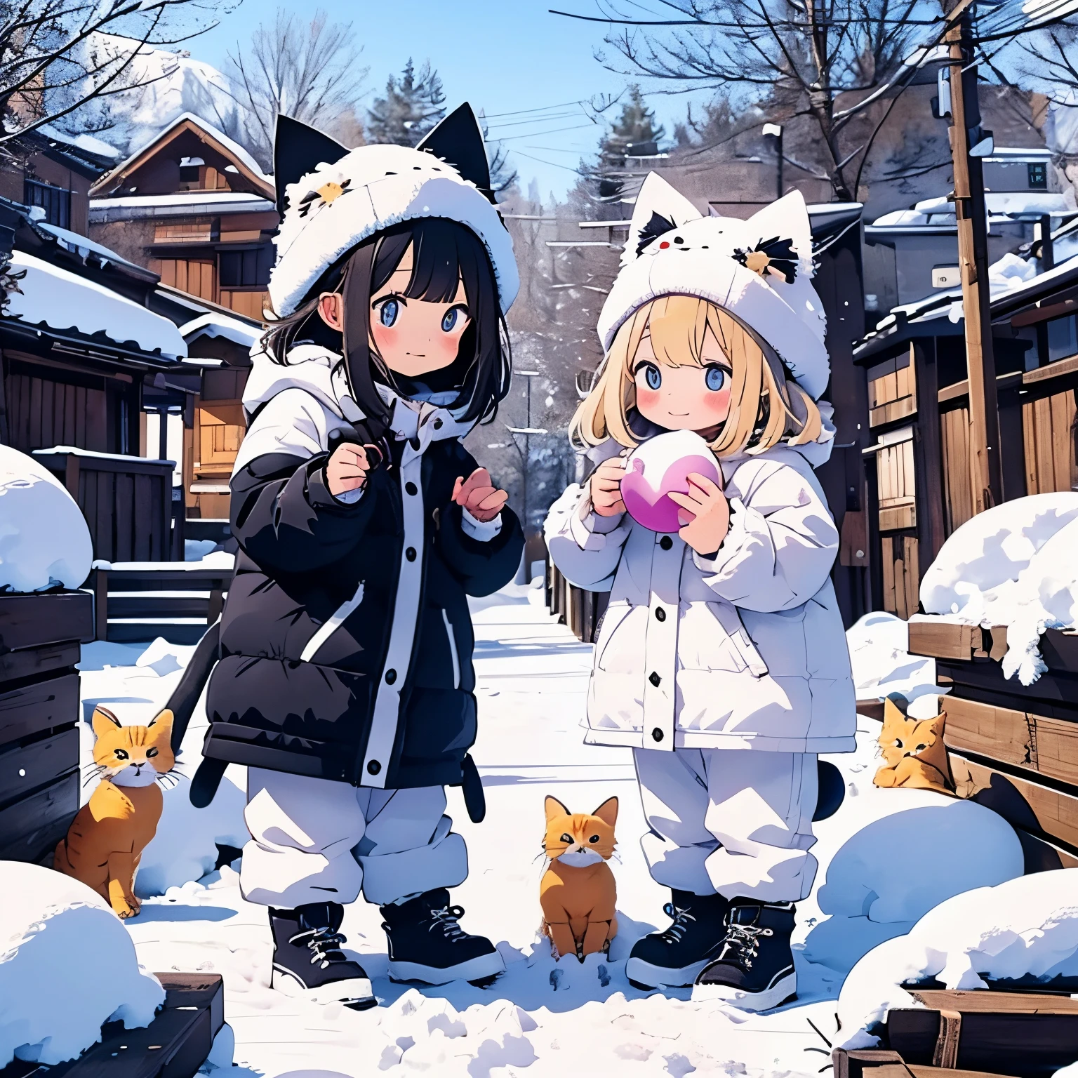 masutepiece、A town covered in snow、Two girls anthropomorphizing kittens、Infant body type、Chibi、Cat ears and tail、snowball fight ,Happy look