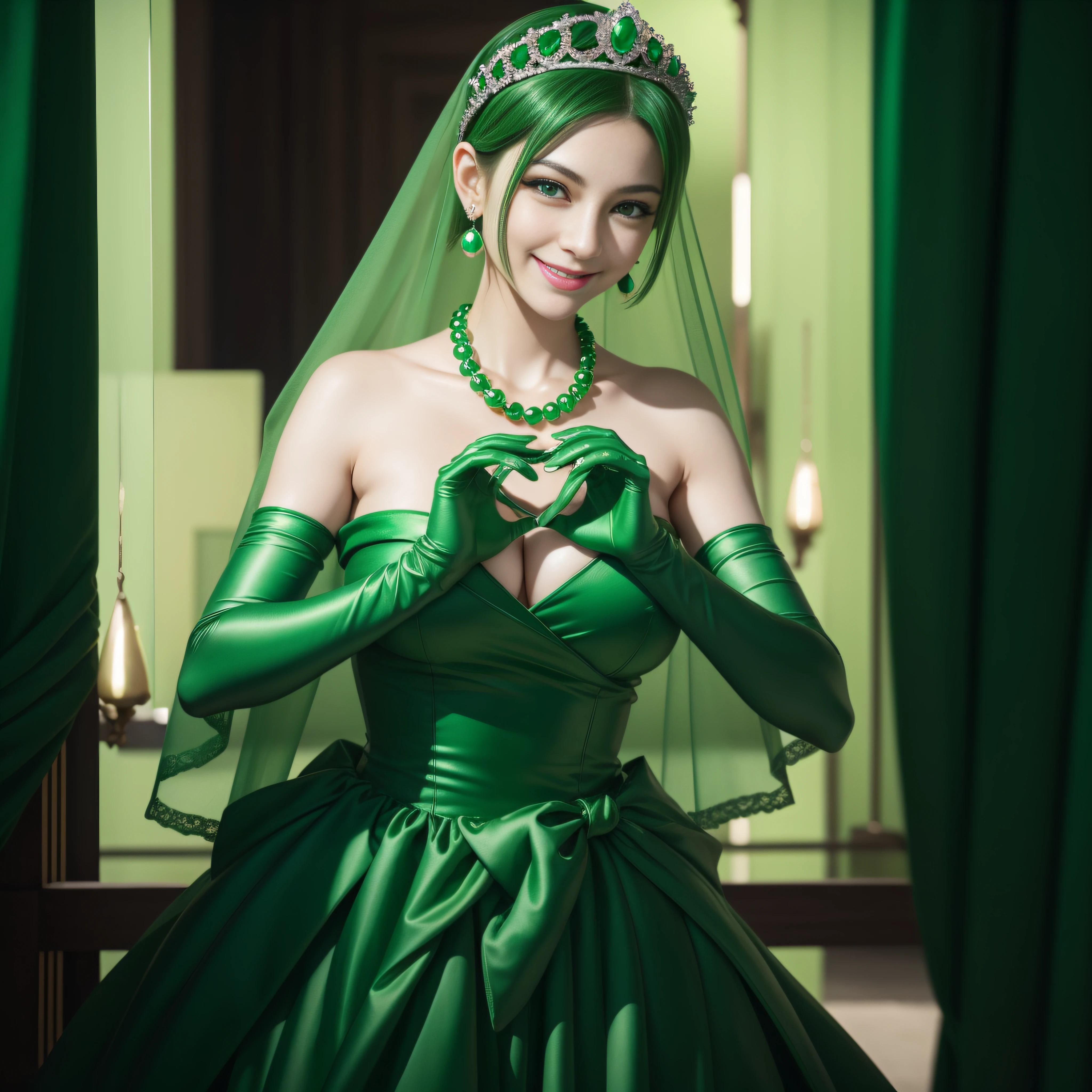 emerald tiara, Green Pearl Necklace, Boyish very short green hair, lipsticks, Japan woman smiling, very short short hair,  big breasts beautiful, Green eyes, Long green gloves made of satin material, Green eyes, Emerald Earrings, green vale, Heart with both hands