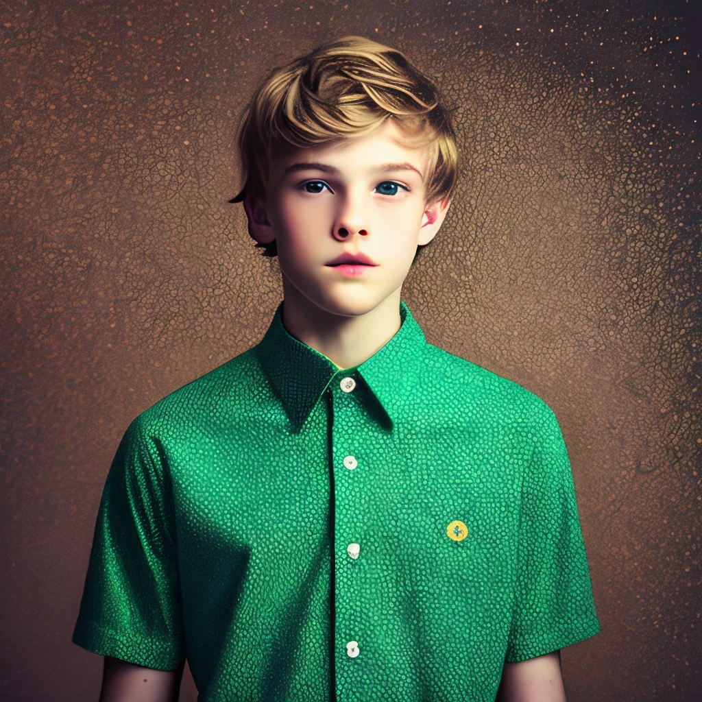 A vivid image of a boy with light brown hair cascading down his forehead. His green eyes, as radiant as emeralds, sparkle with a sense of curiosity and fun. He is adorned with a stylish collar neck shirt, a combination of comfort and elegance that highlights his youthful demeanor.