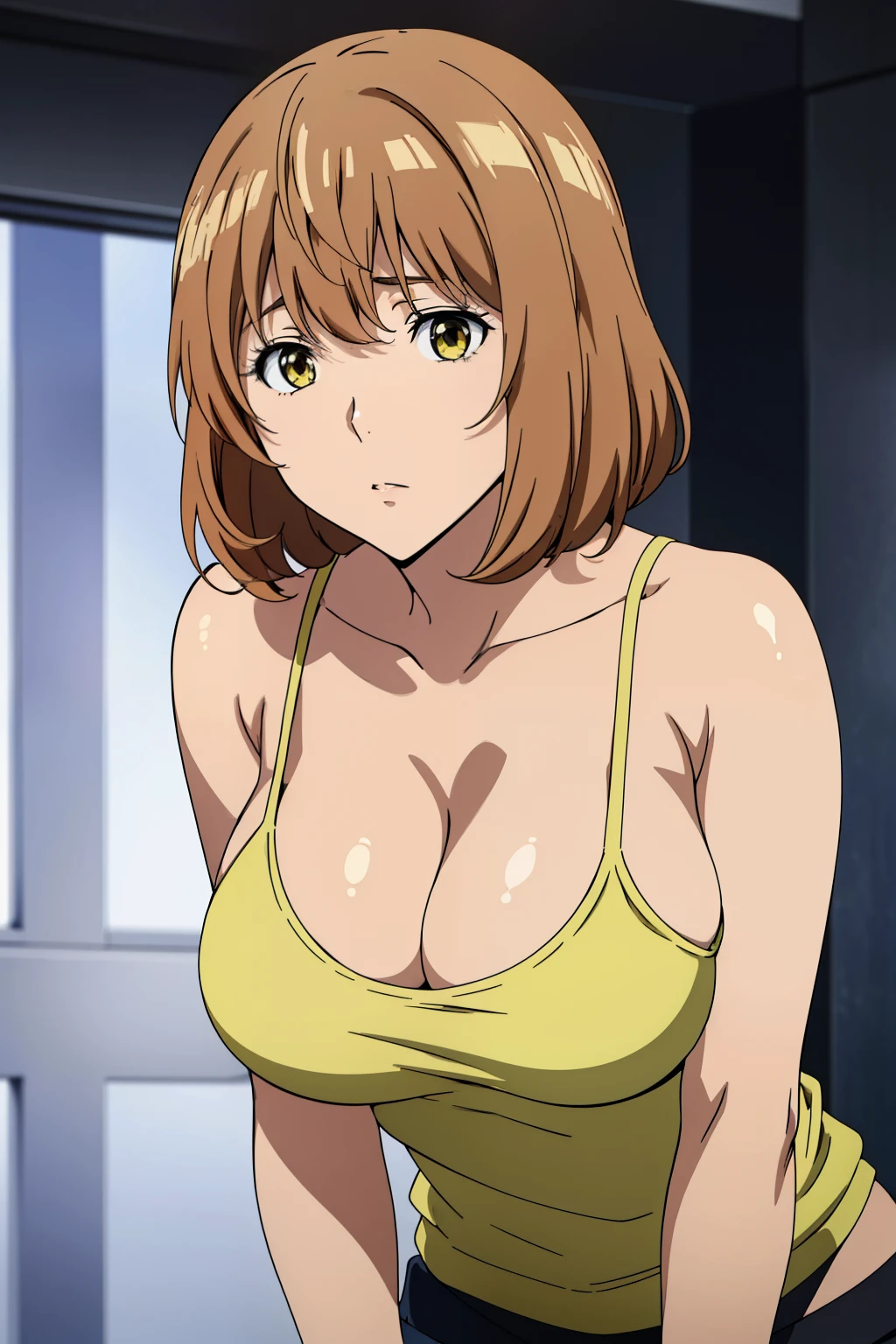 (Best Quality, masutepiece, High resolution, anime screen cap, anime colours), Brown hair, Yellow eyes, Yuriko Aoki, Embarrassed look:1.3, (large breasts with drooping:1.8, cleavage), (Thin fabric, White tank top:1.8, no-bra:1.5, Wide open chest), Slimed, Lower your arms, squeezing breasts:1.5, Leaning forward, Upper body, Close-up on the chest, Bedrooms, (Perfect Anatomy, perfect detailed body, Eyes and hair in beautiful detail, Beautiful breasts and skin),