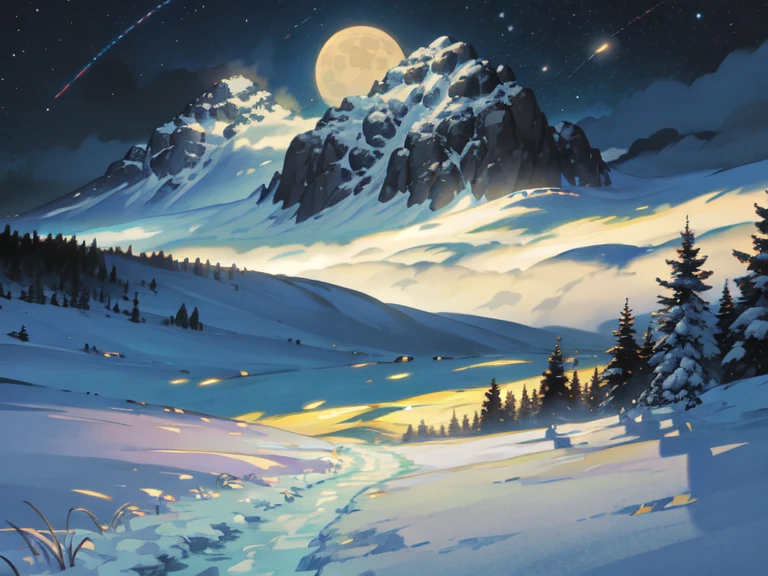 Best quality, Masterpiece, Winter day, forest, mountains, night, starry sky, Moon