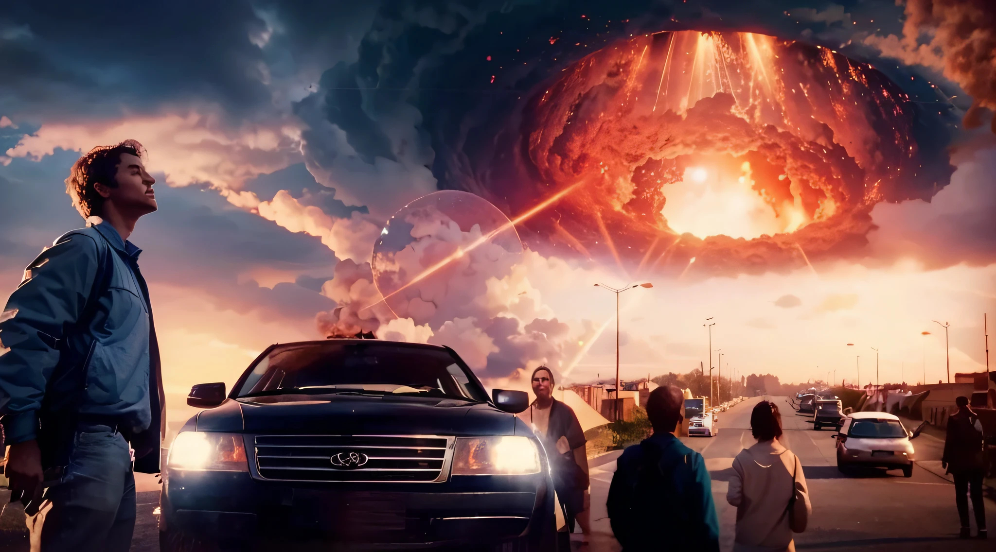 a hole coming out of the sky, people on the street looking at this hole in the sky, there is a picture similar to the one shown, cheio de detalhes e ultra realista