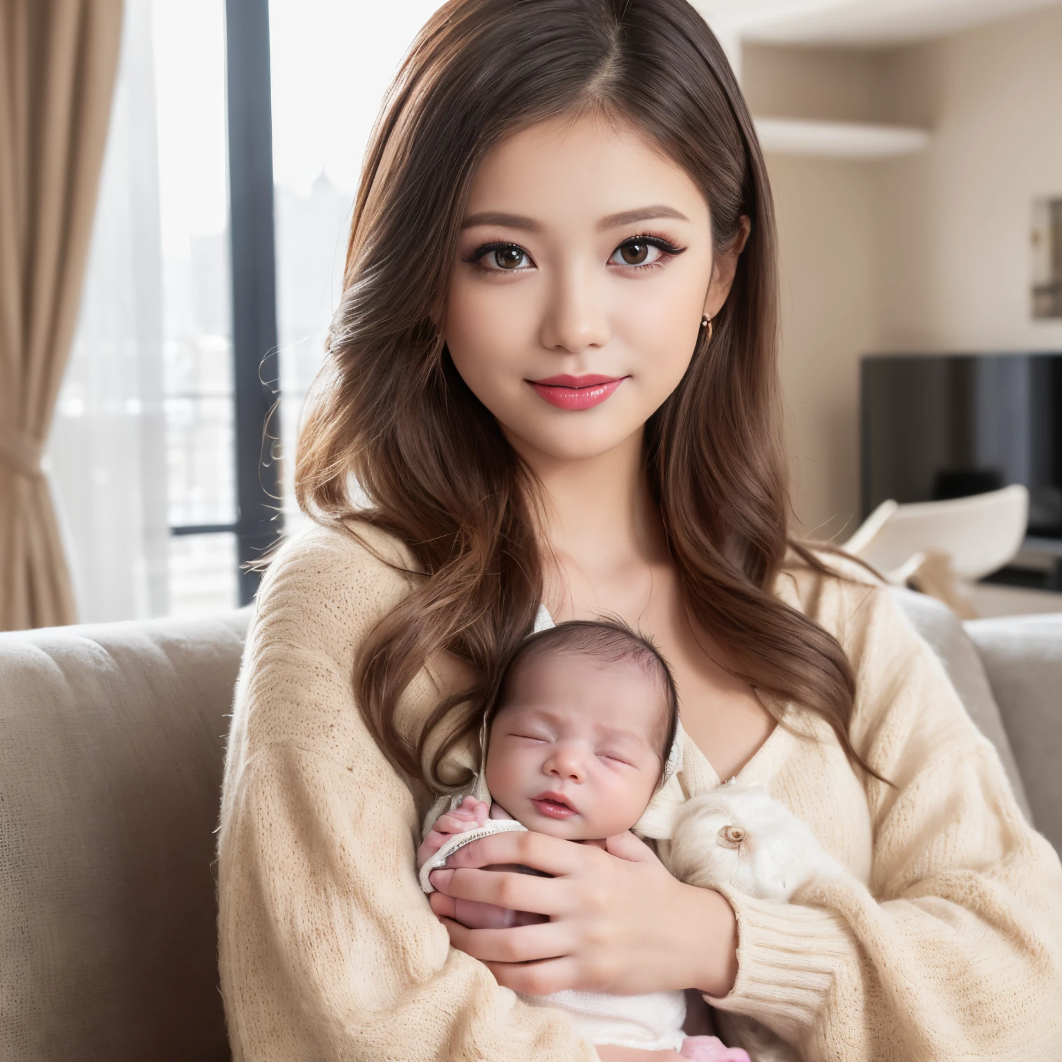 (top-quality、masutepiece、in 8K、Top image quality)、(1 beauty、Holding a baby)、(realistic and accurate baby:1.7)、(detailed and perfect baby:1.7)、(Very bright lighting:1.2)、the biggest smile when you look at me、Looking at the camera、take a photo of her upper body、Breasts are big、accurate anatomy、(Long Wave Hair、hyperdetailed face、long eyelashes、Perfect makeup、lipsticks、Blonde beauty)、((The background is the living room of a luxury apartment.、standing in the living room of a luxury apartment))