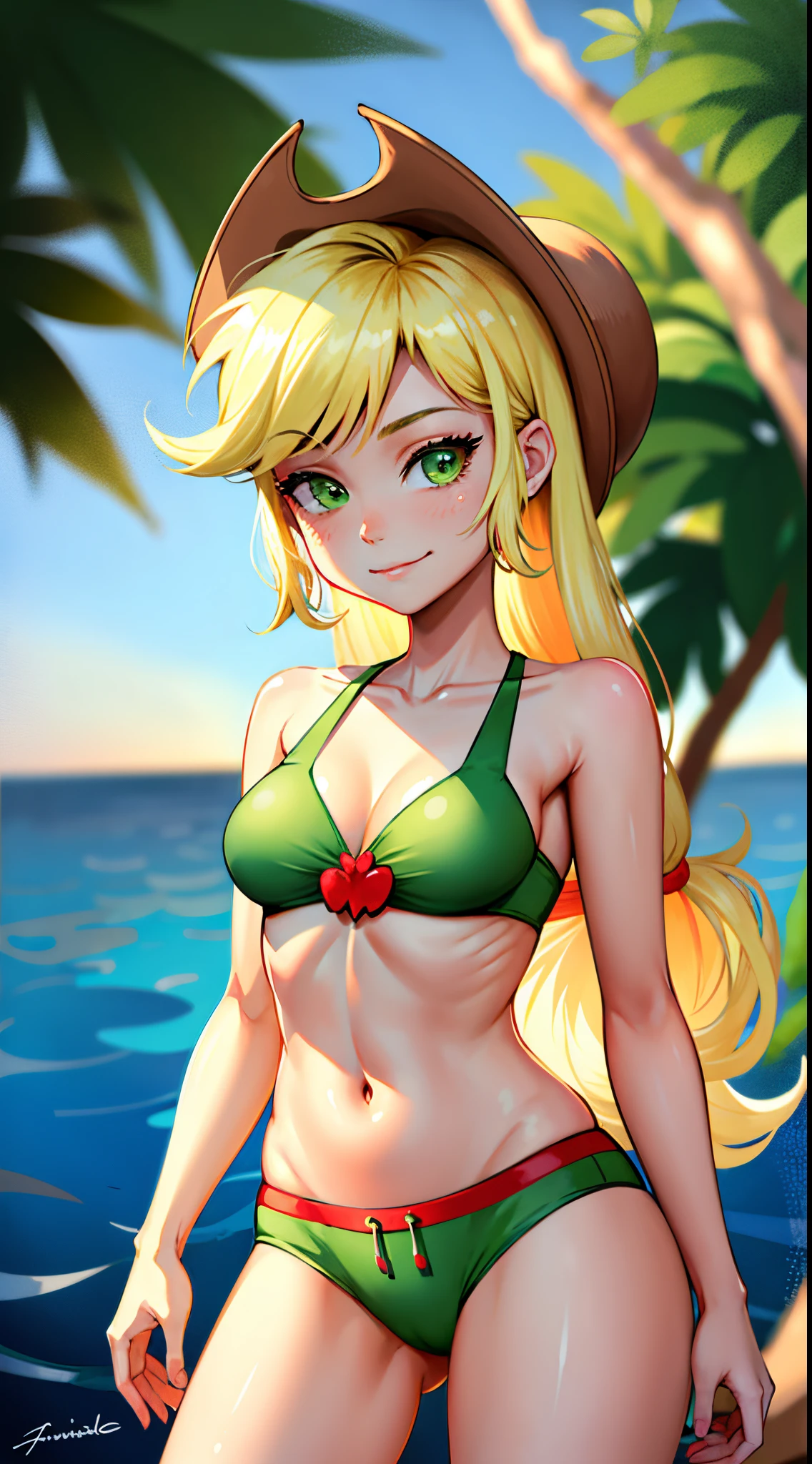 1girl, masterpiece, (detailed background), best quality, absurdres,
smirk, mlpapplejack, bikini, closed mouth, personification, blonde hair, orange skin, green eyes