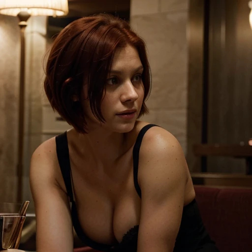 45yo busty Claire Danes. (Dark red hair) (short hair)  (My so-called life) (Romeo+Juliet), sexy, shy, hotel lobby, professional
