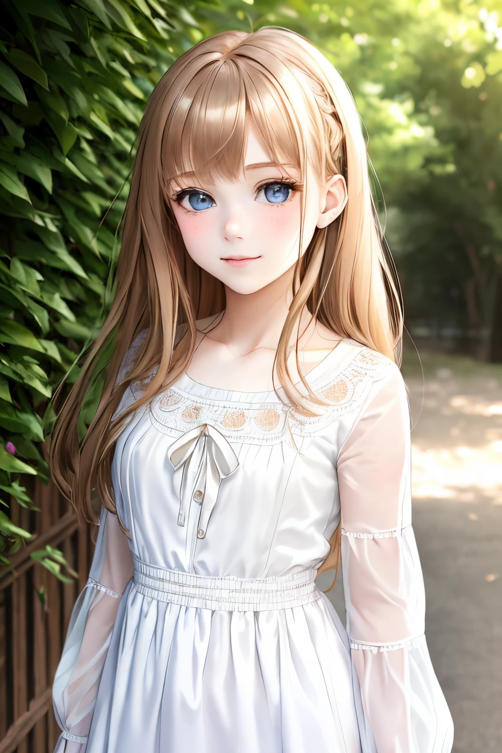 {best quality}, {{masterpiece}}, {highres}, {{{full body shot}}}, extremely detailed girl, ager, australian, {{{pale skin}}}, {{{detailed face}}}, {anime}, sharp focus, {{{character{1 girl}}}}, solo, {{{white dress}}}, light smile, closed mouth, beautiful detailed eyes, hazel eyes, {{{{{sharp focus}}}}}, shiny hair, medium hair, light-brown hair, park, windy