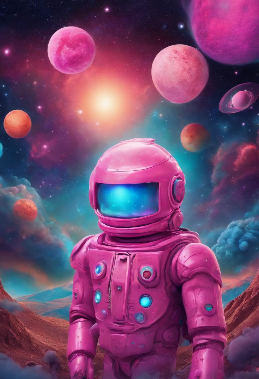 Create an NFT with the following characteristics:
title: "A Cosmic Day"
A digital artwork that represents an epic journey through the cosmos, com cores vibrantes e detalhes intrincados. a pink robot witha cowboy hat in a giant marshmallow