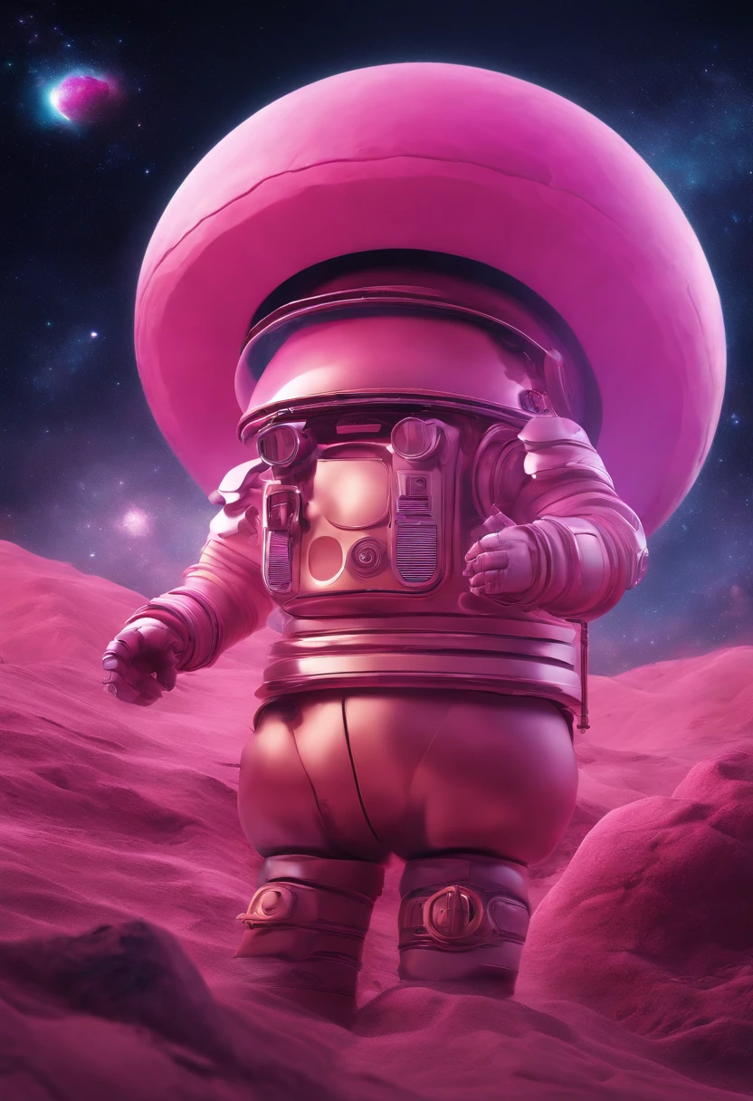 Create an NFT with the following characteristics:
title: "A Cosmic Day"
A digital artwork that represents an epic journey through the cosmos, com cores vibrantes e detalhes intrincados. a pink robot witha cowboy hat in a giant marshmallow