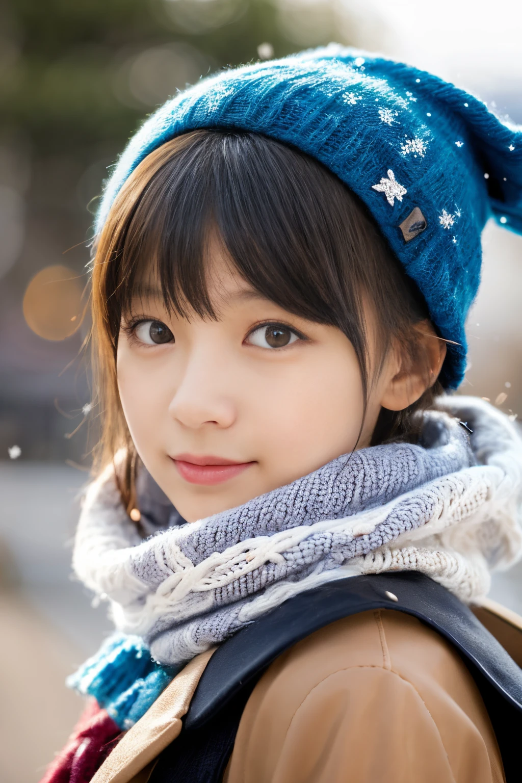 ((Show face only、Close-up of face、no-makeup))、(realisitic、Photorealsitic、ultra-detailliert、Highest Details Skins、top-quality、masterpiece、超A high resolution)、Cute Japan Woman、、hi-school girl、younggirl、1 girl in、I have bangs、二重まぶた、drooing eyes、Large black eyes、Japanese style face、ssmile、Charming、purity、Straight face、double tooth、View here、Realistic skin type、Thick muffler、Grey muffler、fluffy hair、((Hair is inside the scarf:1.3))、Red cheeks、The wind is blowing、It's snowing、Harbor at night、illuminations、Lighting from behind、plain knit hat