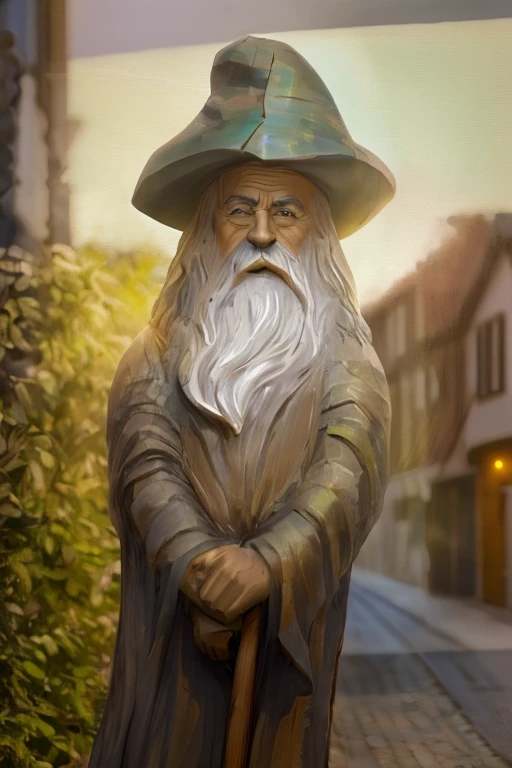 spiked statue of a man with hat and cane, wooden statue, escultura de madeira, escultura em madeira, escultura em madeira profissional, esculpido em madeira, arte em madeira, escultura feita de madeira, Gimli, Gandalf, old man, escultura em madeira detalhada, Gandalf como Chewbacca, Retrato de um gnomo chamado Eldon, Retrato de Gandalf, feito de madeira