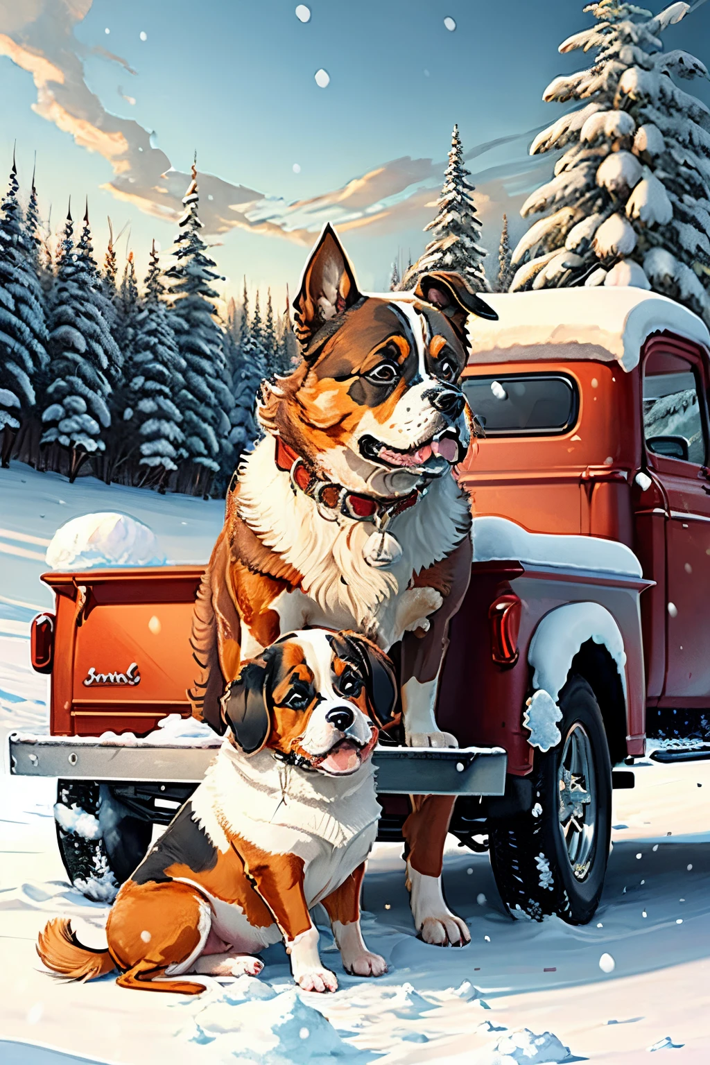Old red truck, King Charles cavalier puppy, snow, wreath, trees