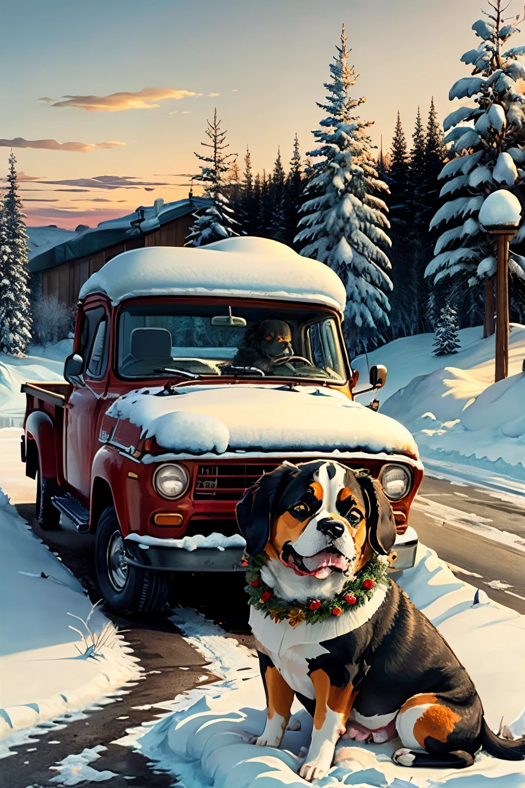 Old red truck, King Charles cavalier puppy, snow, wreath, trees