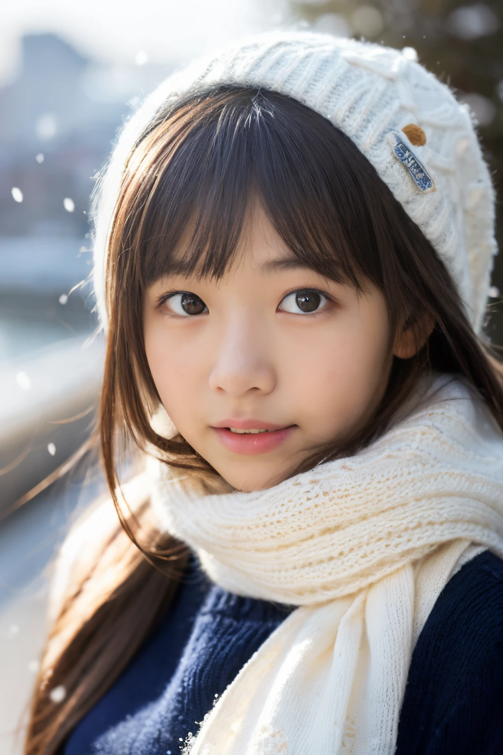 Best-quality, Masterpiece, Ultra-High-Resolution, (Photorealistic:1.4), Raw-Photo, 1girl, the most famous Japanese idol, 12-years-old, wearing winter-coat, hands on hip, innocent-smile, extremely beautiful skins, extremely beautiful big-eyes, extremely beautiful hair, extremely cute face like the most popular Japanese idol, extremely beautiful long-eyelashes, extremely beautiful lips