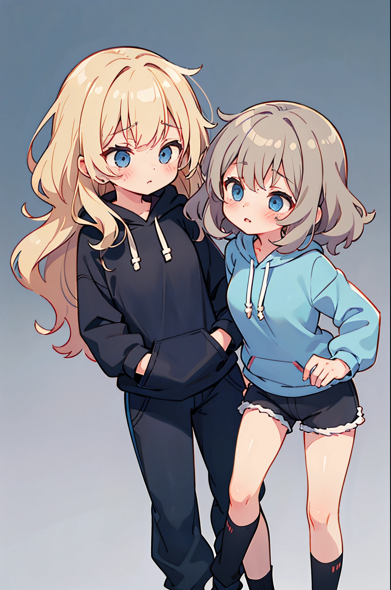 2 girl, wearing dark gray comfy shorts, wearing light gray hoodie, black socks, medium boobs, curly dirty blond hair, blue eyes, blushing.