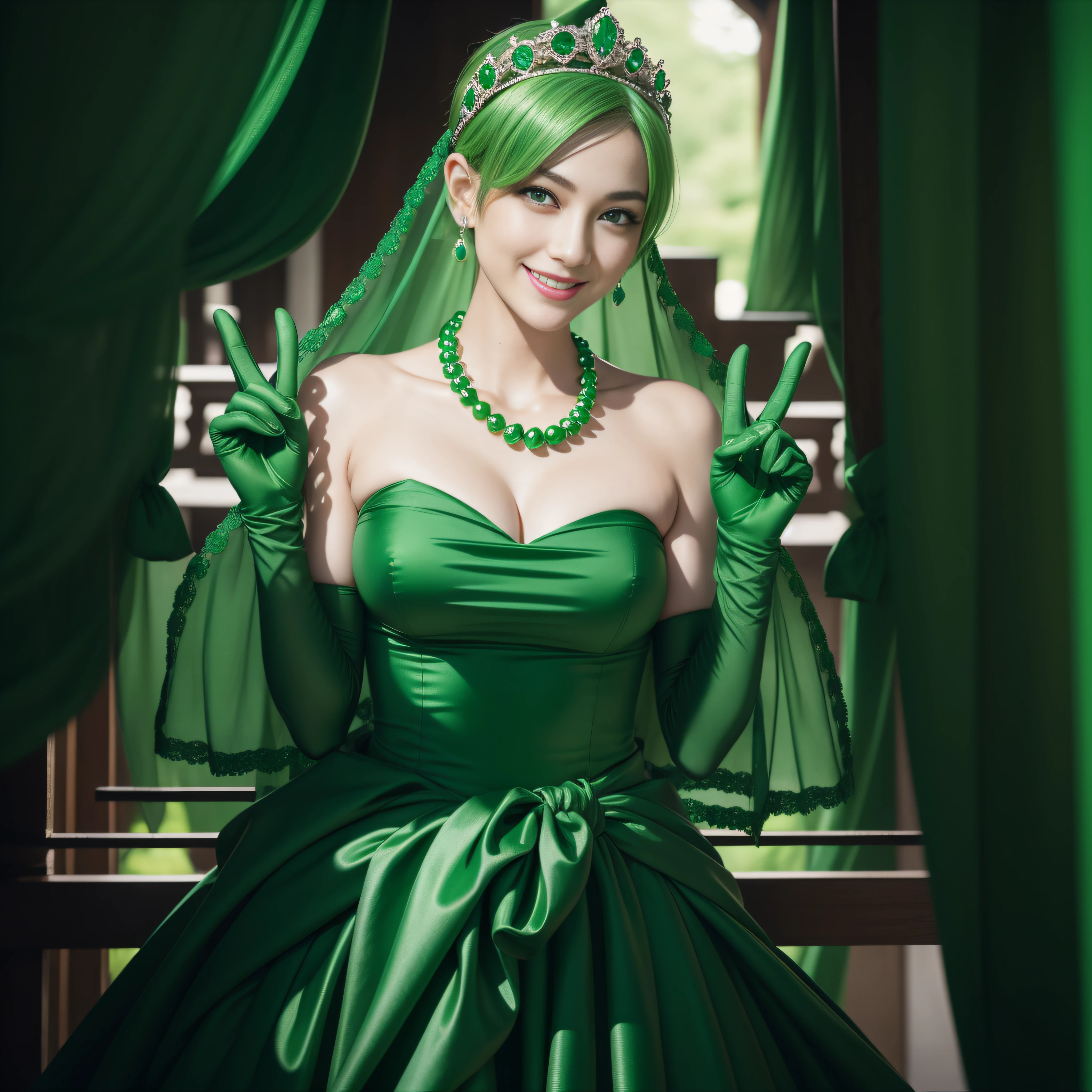 emerald tiara, Green Pearl Necklace, Boyish very short green hair, lipsticks, Japan woman smiling, very short short hair, big breasts beautiful, Green eyes, Long green gloves made of satin material, Green eyes, Emerald Earrings, green vale, v sign