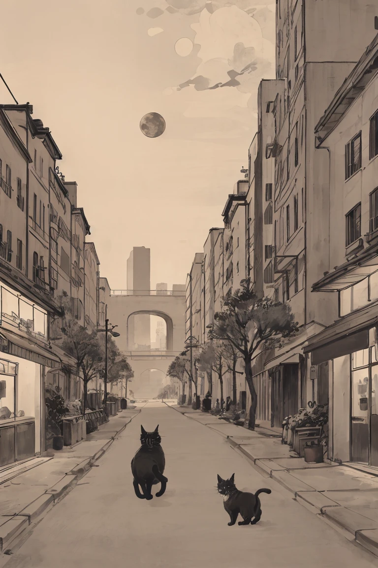 Cats、Red、greenr、cute little、big eye、masterpiece、fullmoon、highrise buildings、Street