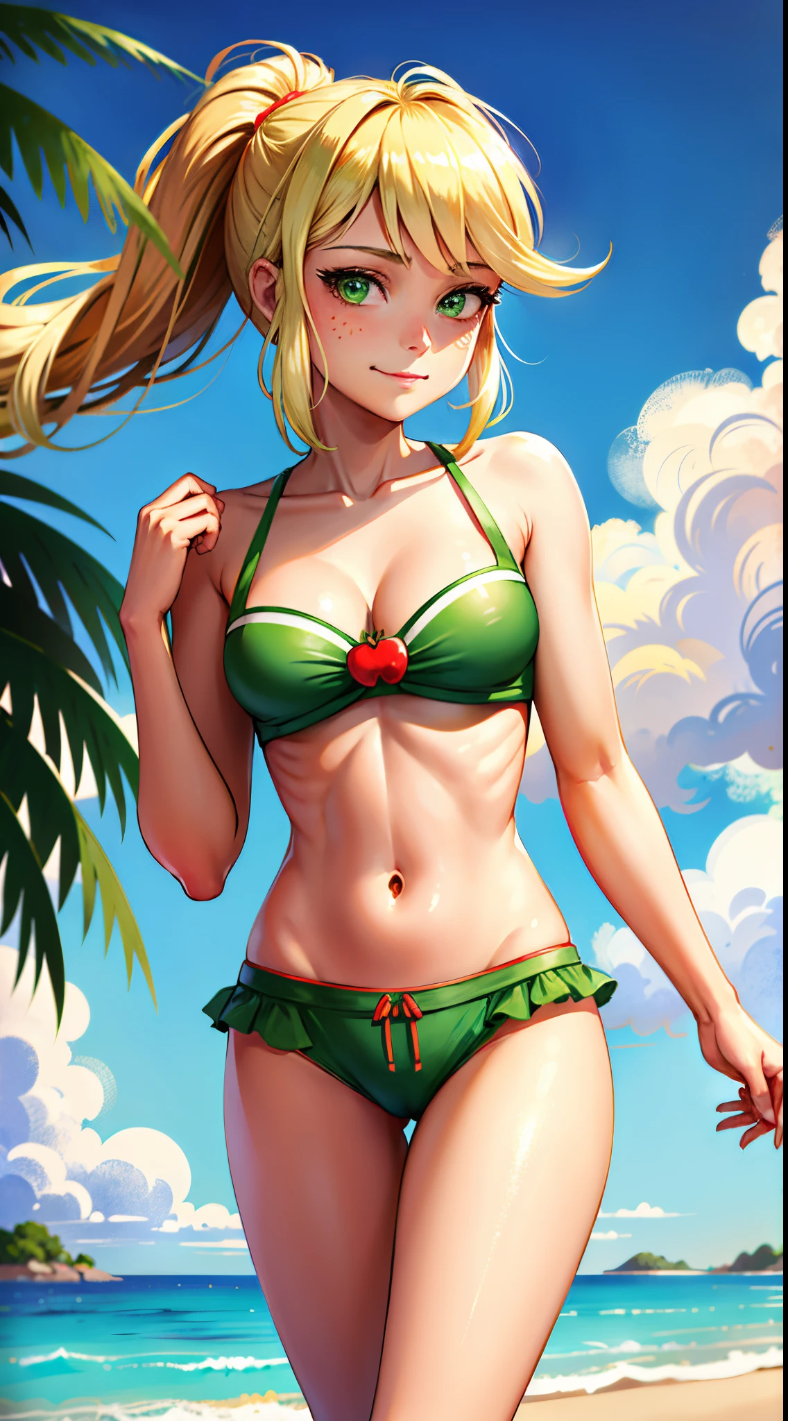 1girl, masterpiece, (detailed background), best quality, absurdres,
smirk, mlpapplejack, bikini, bikini bottoms, swimsuit, closed mouth, personification, blonde hair, orange skin, green eyes