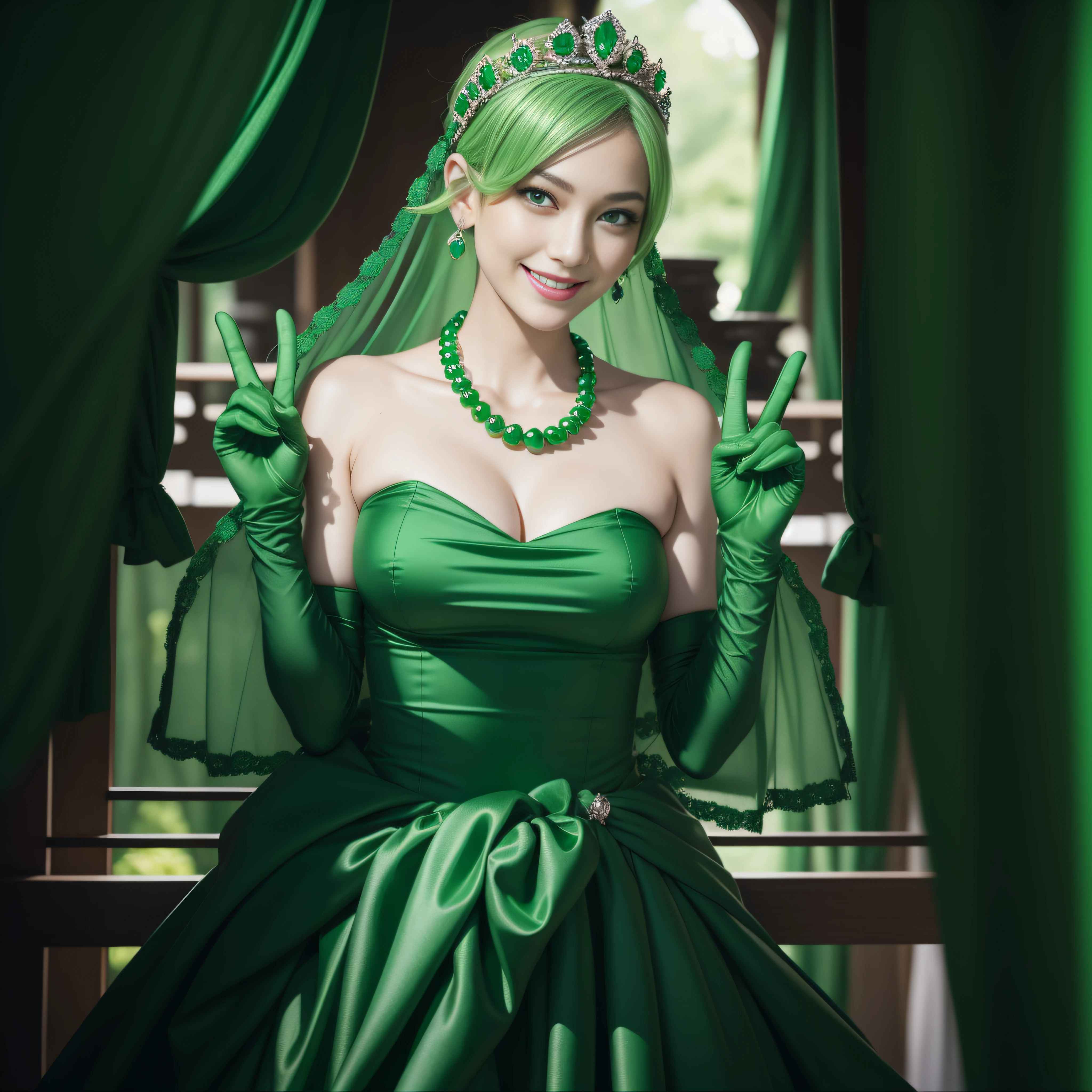 emerald tiara, Green Pearl Necklace, Boyish very short green hair, lipsticks, Japan woman smiling, very short short hair, big breasts beautiful, Green eyes, Long green gloves made of satin material, Green eyes, Emerald Earrings, green vale, v sign