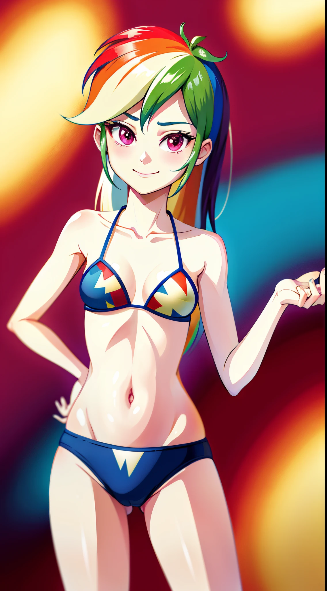 1girl, masterpiece, (detailed background), best quality, absurdres,
smirk, bikini, bikini bottoms, swimsuit, closed mouth,
mlpdash, personification, multicolored hair, colored skin, blue skin, posing